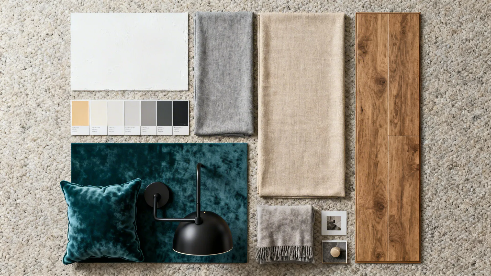 Flatlay of restrained neutral palette with a deep teal accent and matte black finishes