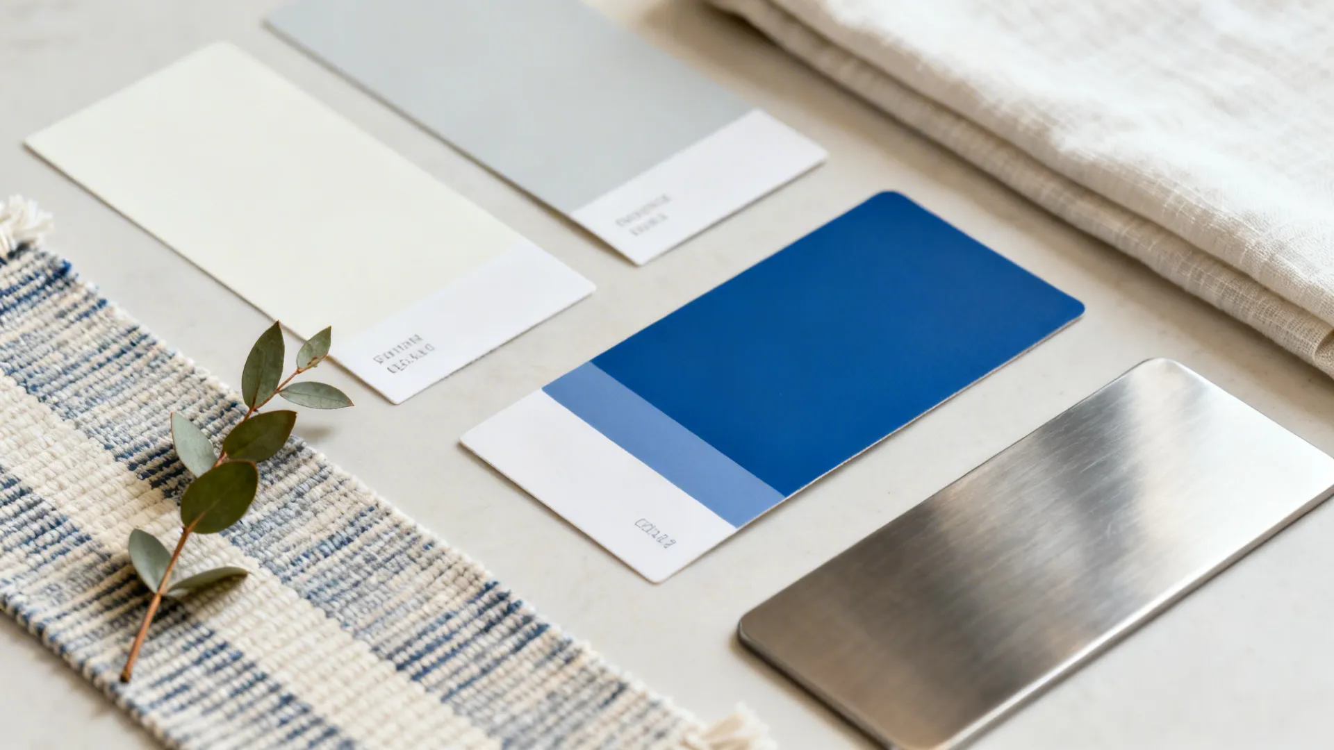 Flat lay of neutral paint chips, cobalt accent, runner and curtain fabrics, plant clipping, and metal finish.