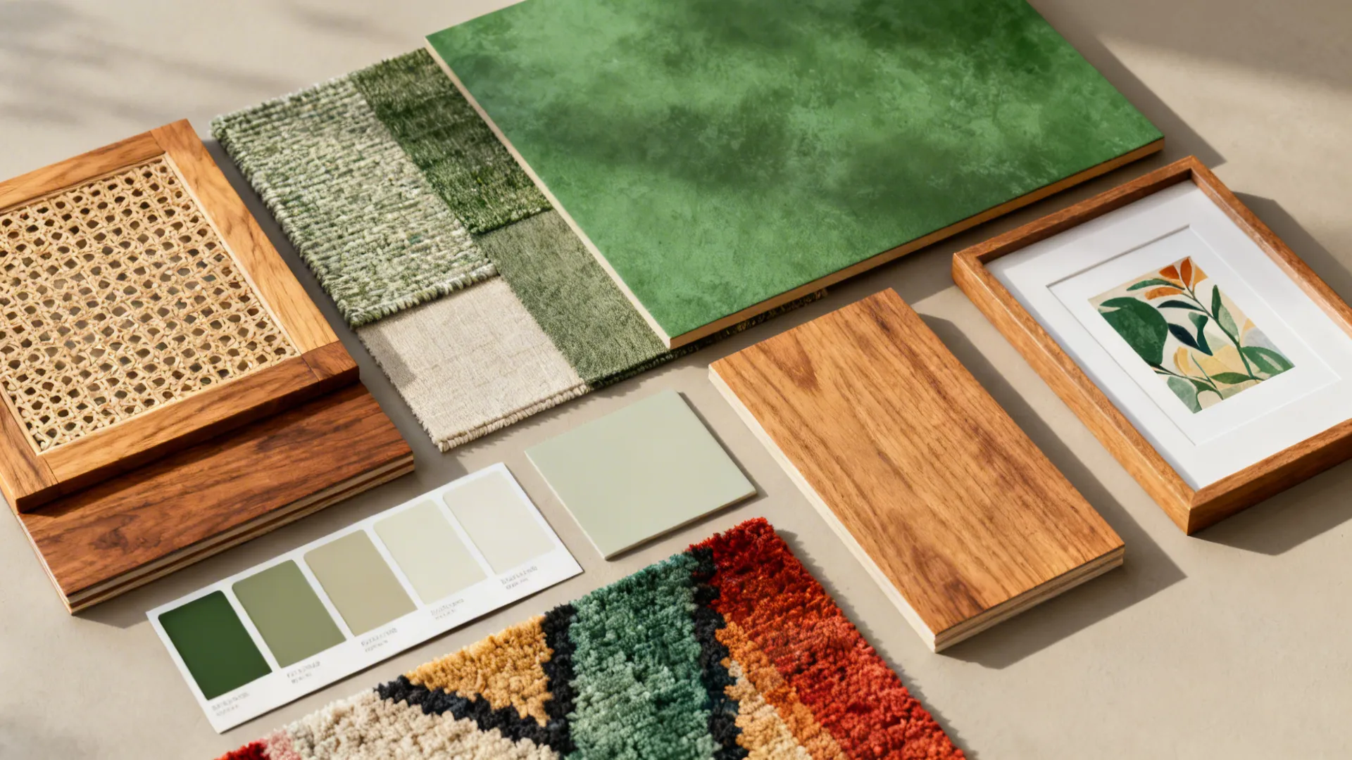 Material flatlay of timber, woven textiles, neutral paint chips and a colorful rug sample