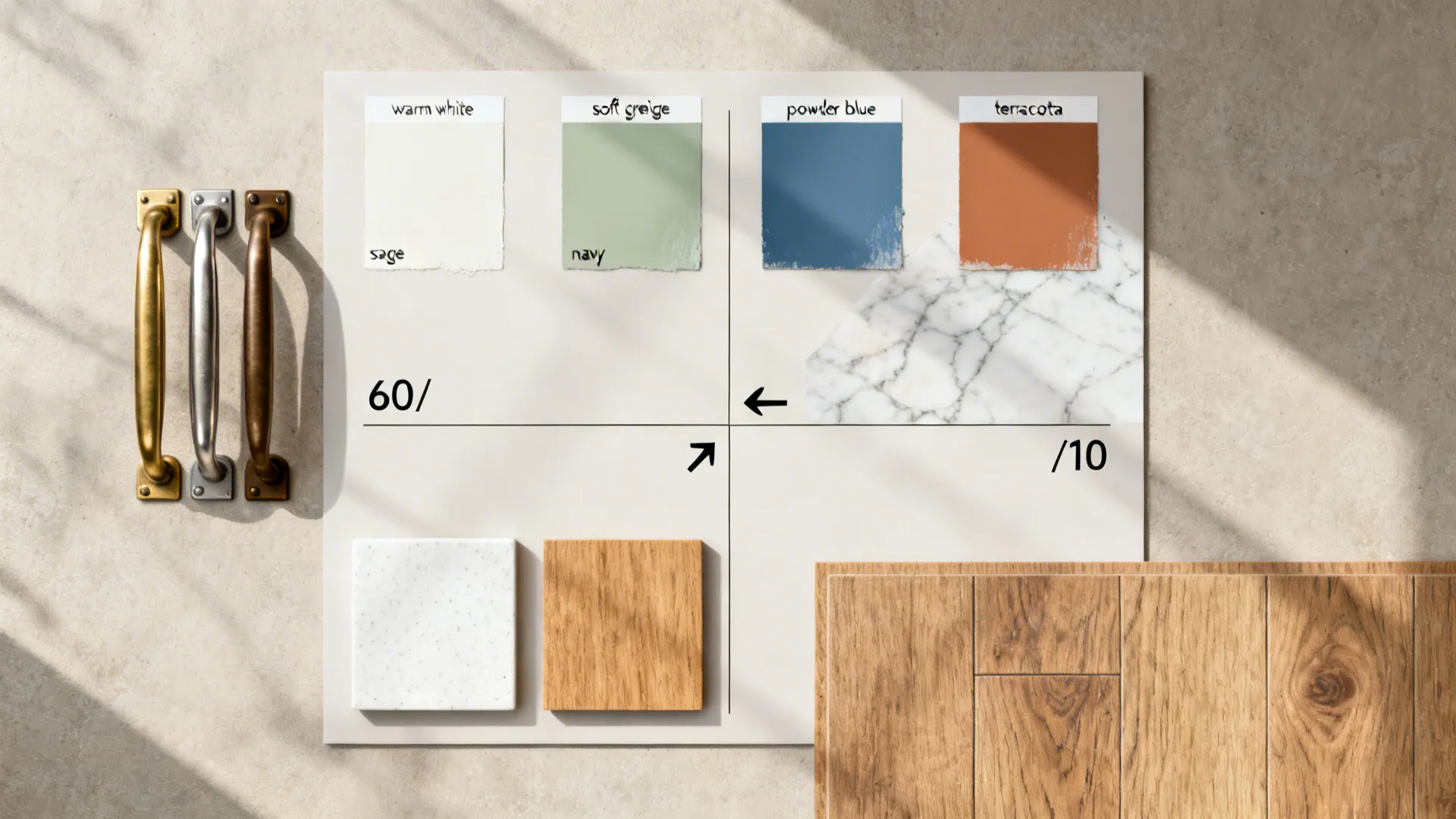 Interior design mood board with color paint samples wood flooring pieces and metal door handles