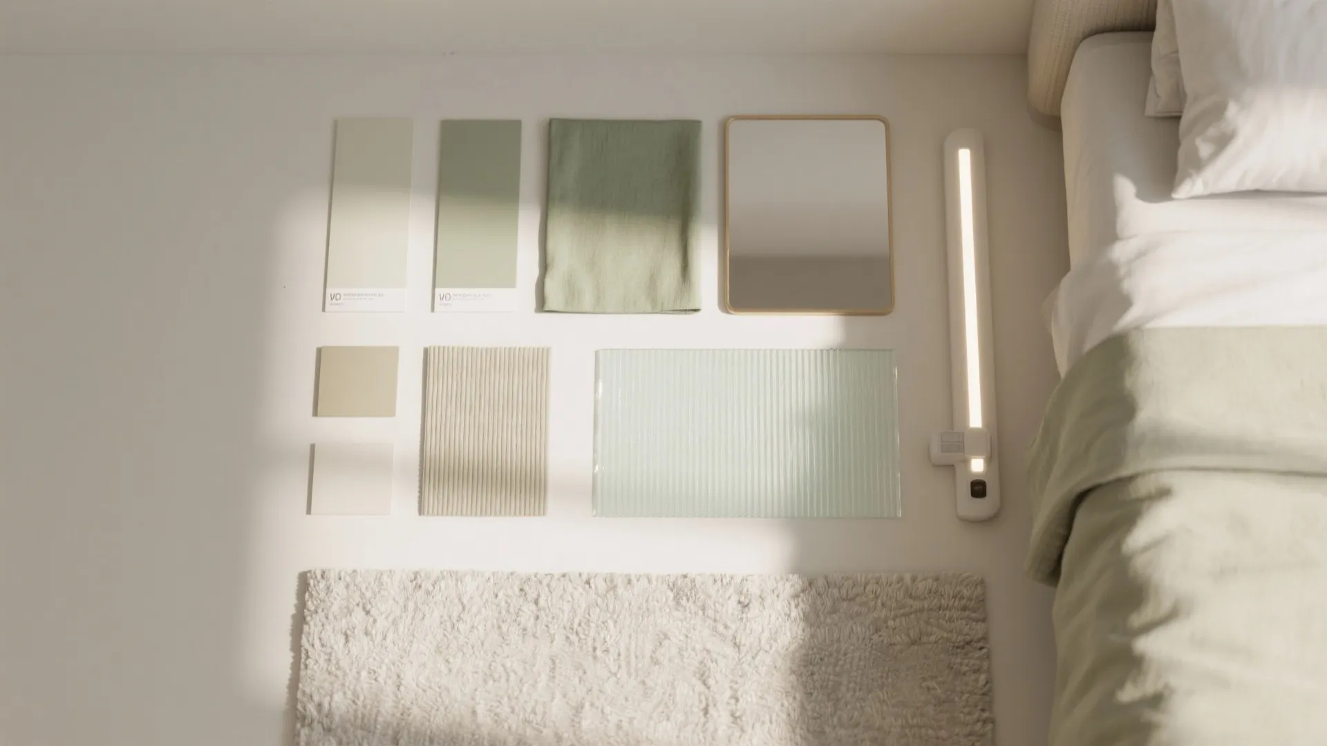Interior design mood board with color samples and fabric and glass and a light fixture