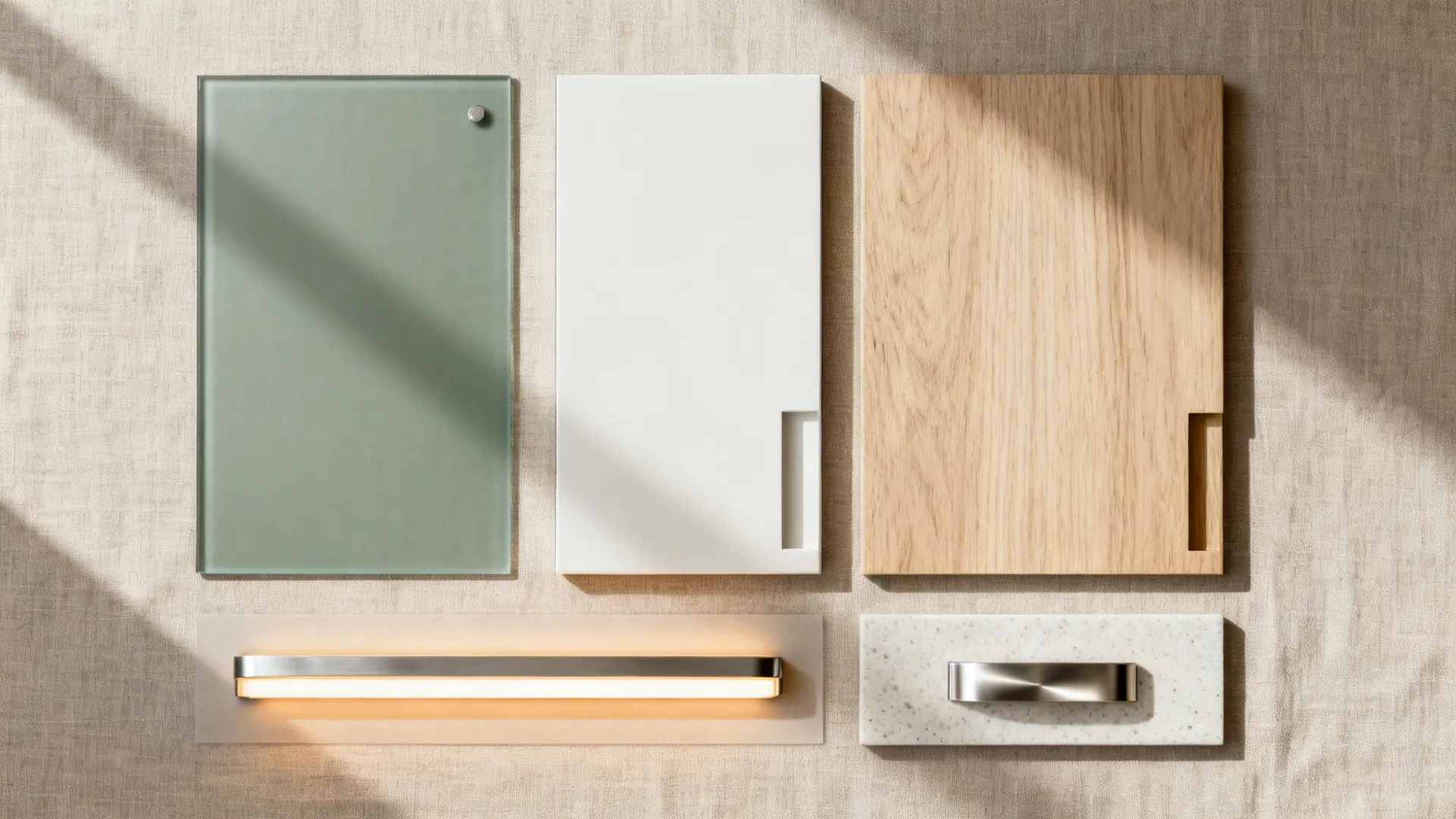Top-down palette with gray-green glass, matte cabinet, oak veneer, and quartz samples.