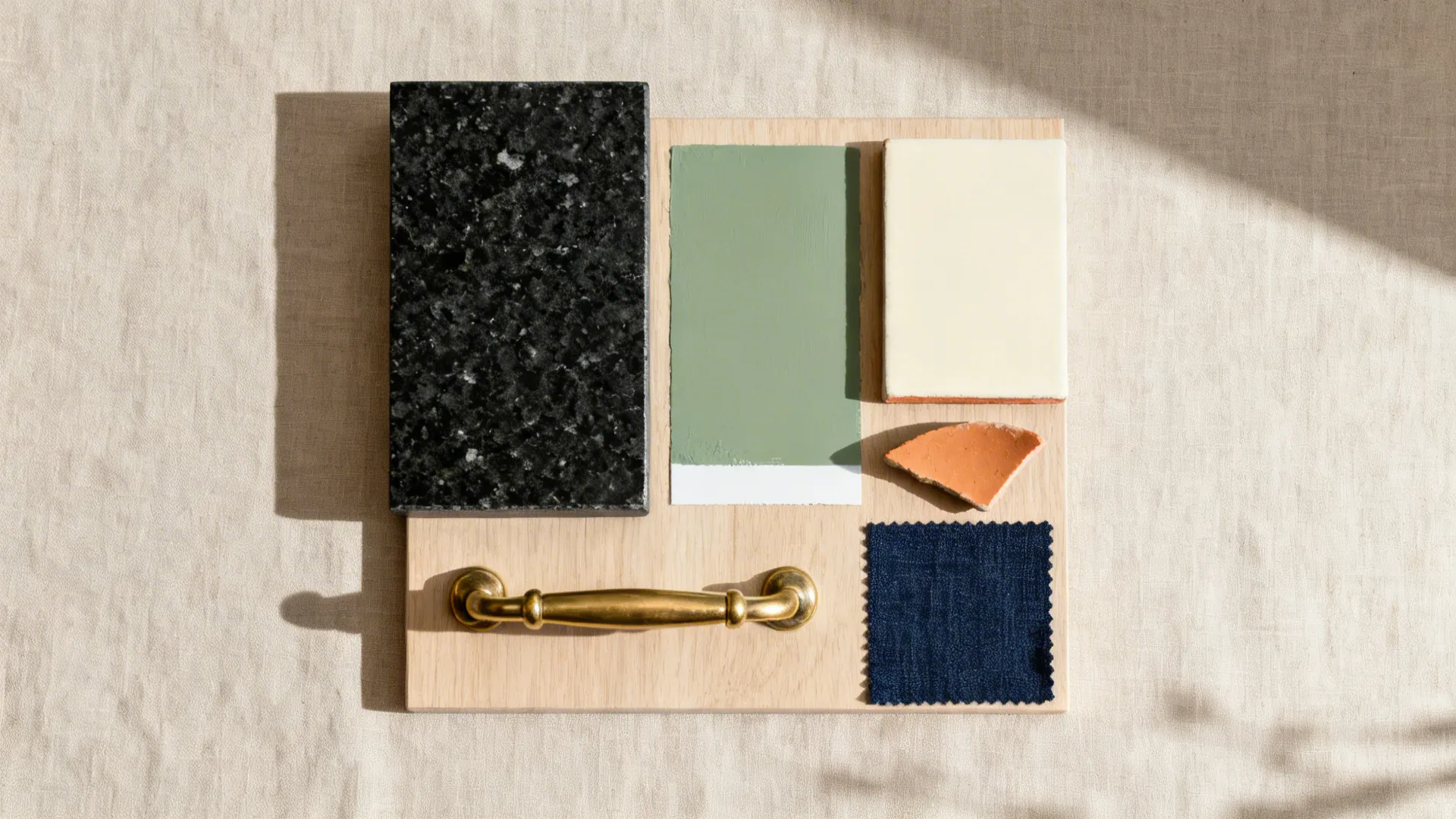 Flat lay with honed black granite, sage and cream chips, brass pull, terracotta, and navy fabric