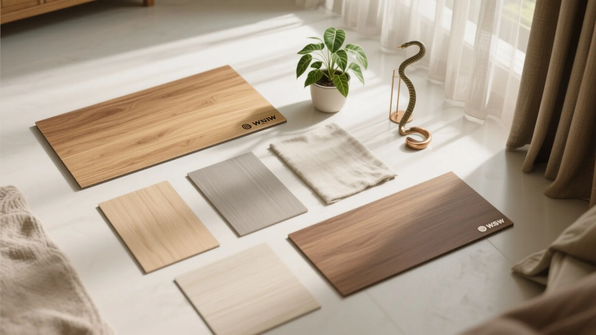 Material palette, greenery, and warm accents for comfort