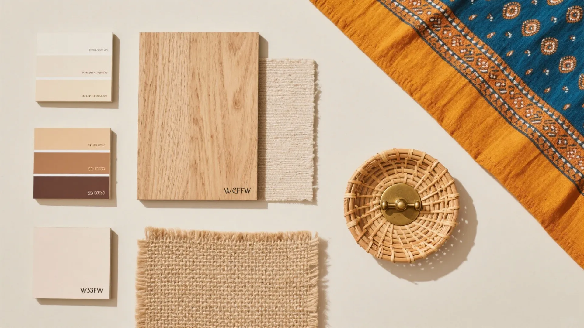 Flat lay showing wood sample color swatches woven fabric small basket and orange patterned textile
