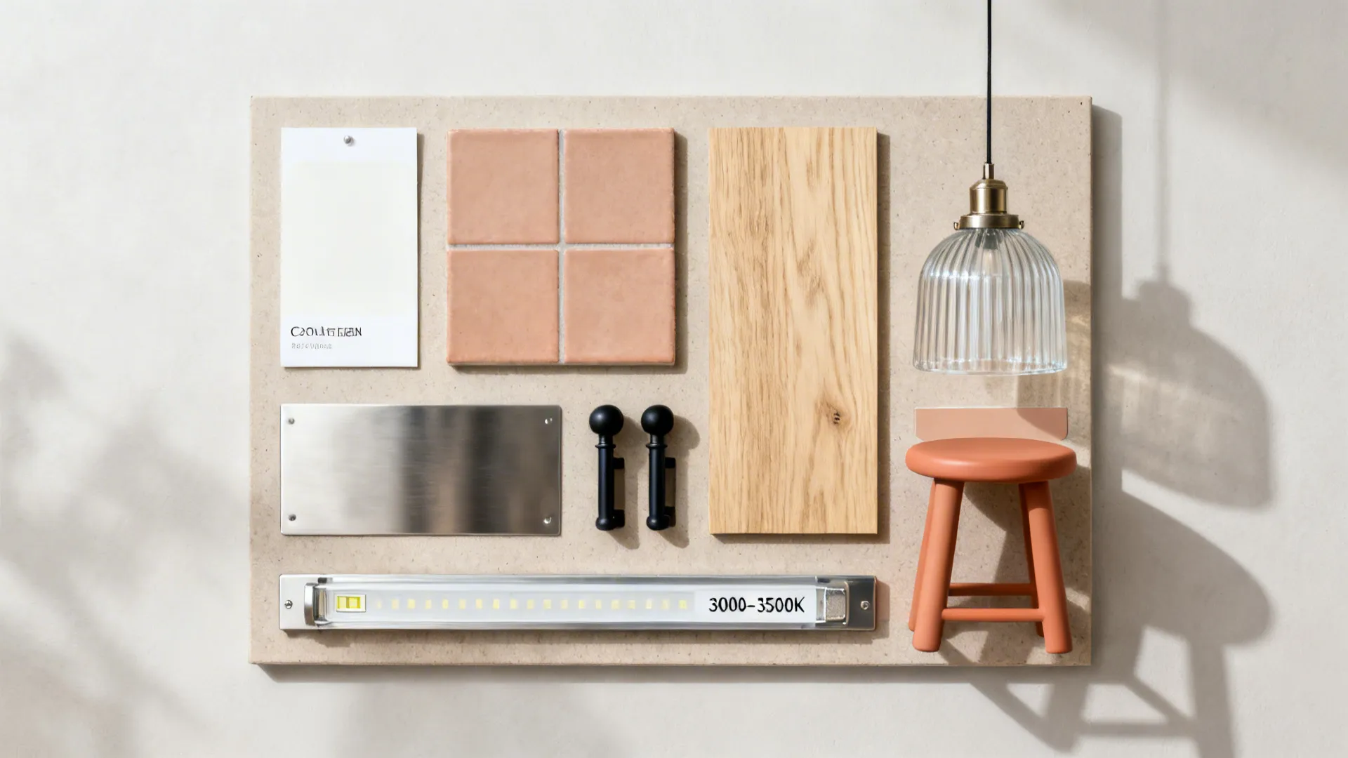 Flat lay of warm white, clay neutral, oak, ribbed glass, stainless, and 3000–3500K LED samples.