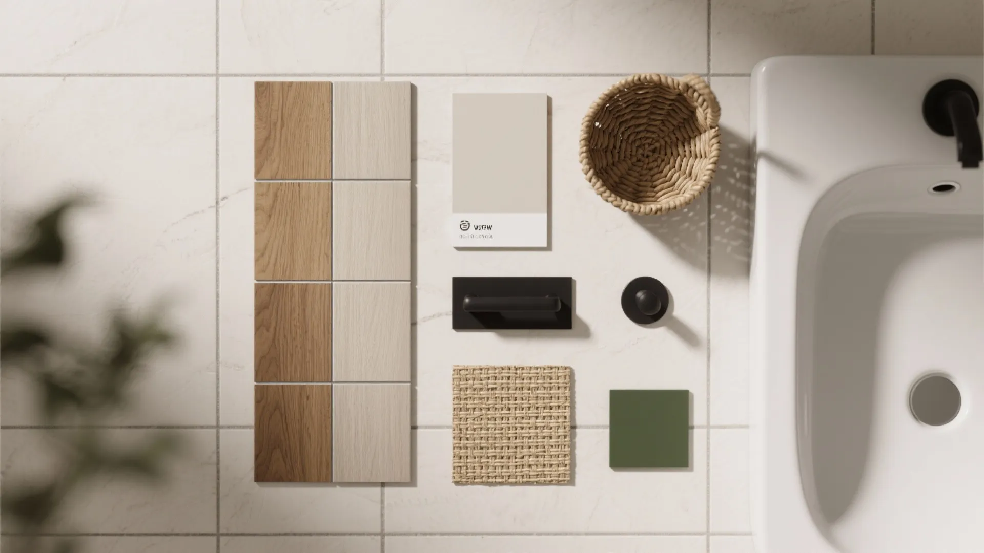 Interior design mood board with wood floor samples green tile small basket and white sink
