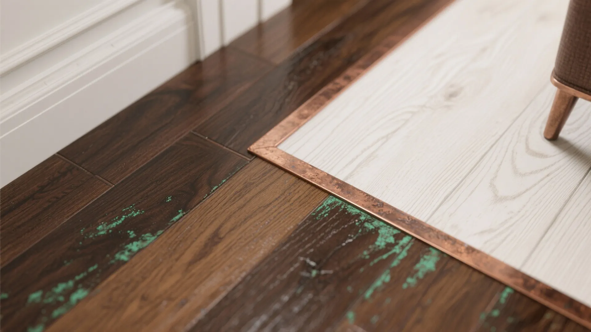 Close up of wood flooring transition between dark brown planks and light white wood textured boards