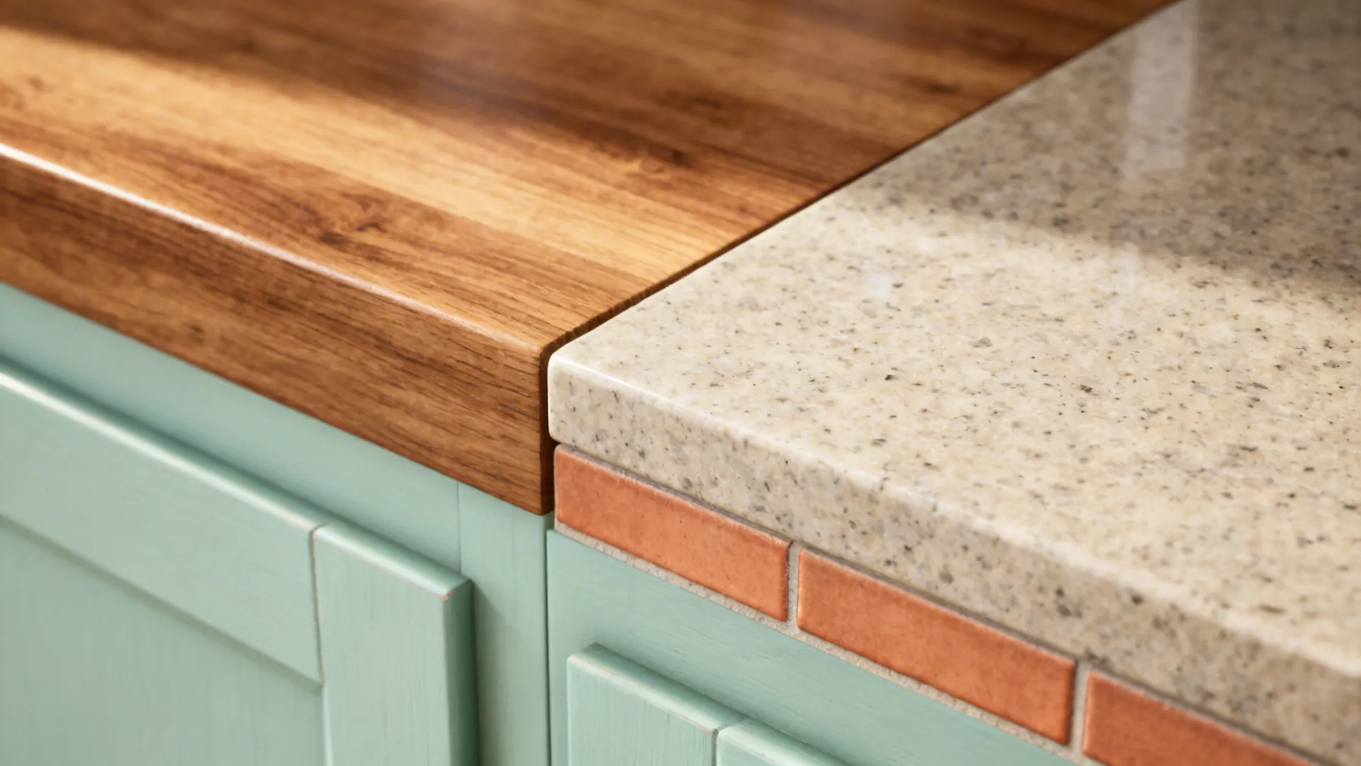Close-up of matte wood, quartz, mint lacquer, and terracotta tile textures in soft light.