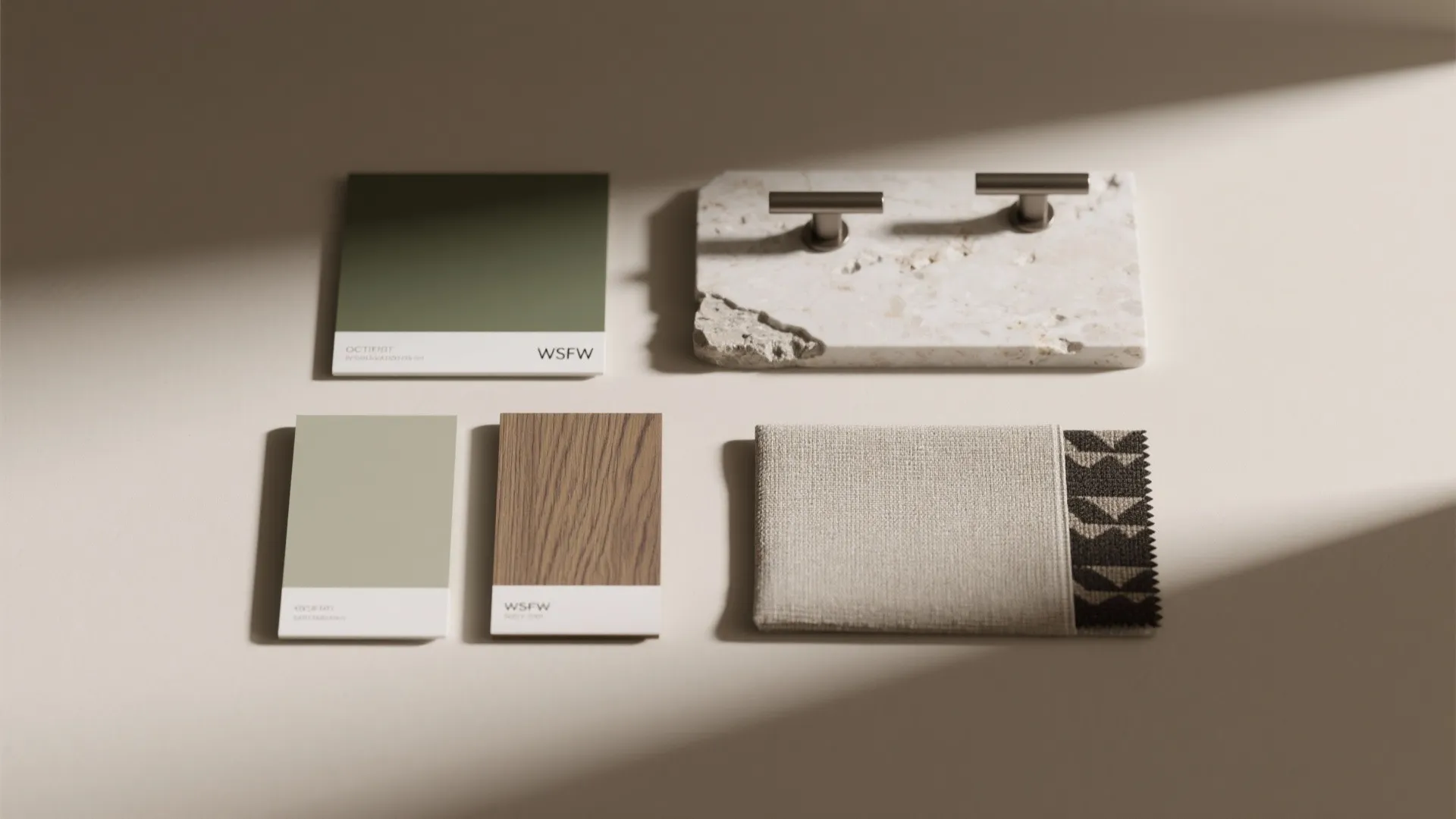 Flatlay of coordinated paint, wood, metal and fabric samples for a cohesive suite palette.