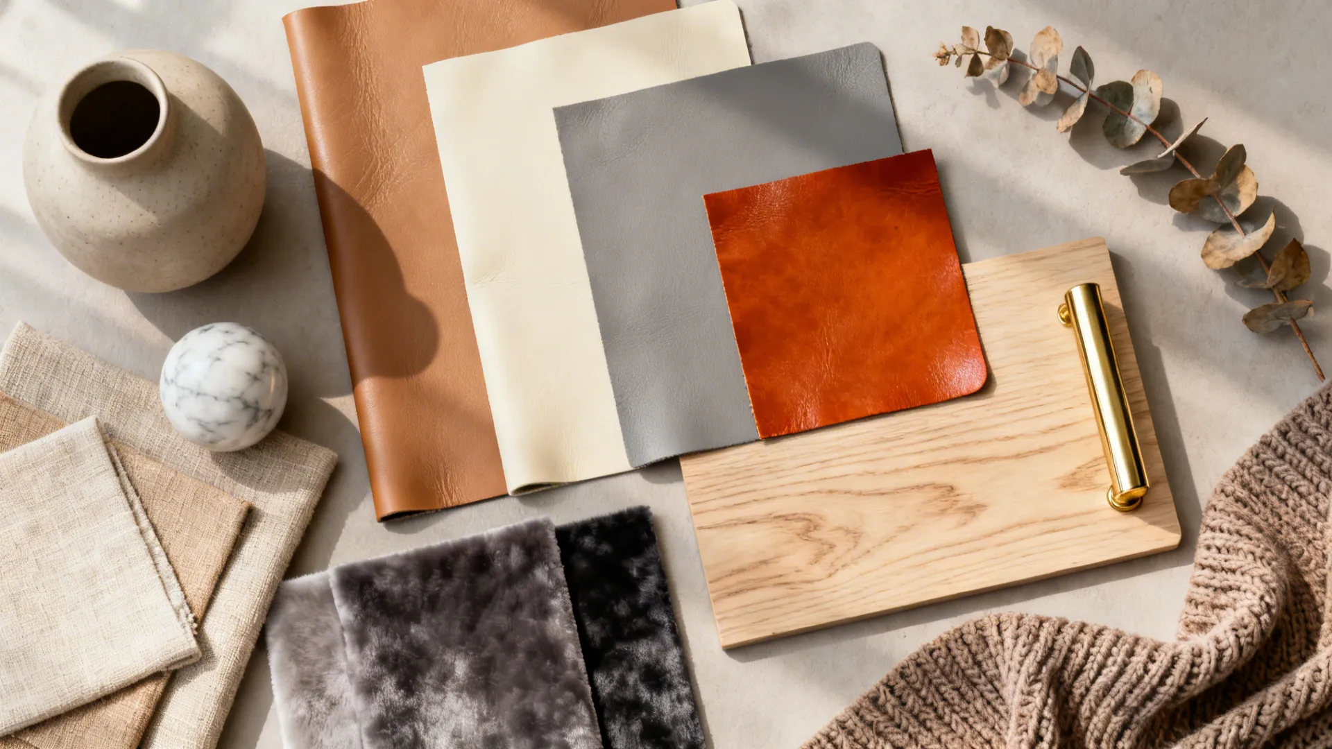 Top-down flatlay of color and material samples: neutral faux leather, bold accent swatch, wood and metallic accents, and textured fabrics.