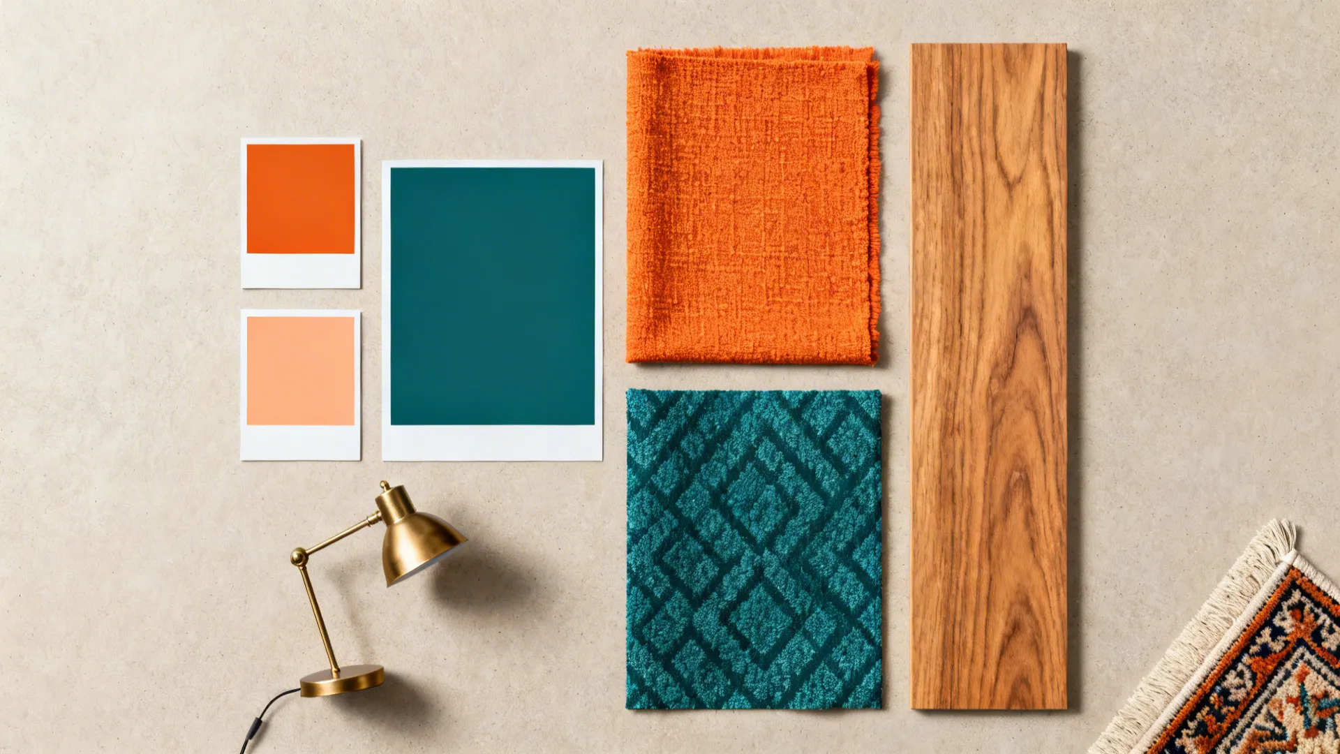 Flatlay of orange and teal paint chips, fabric swatches, brass sample, and warm oak veneer.