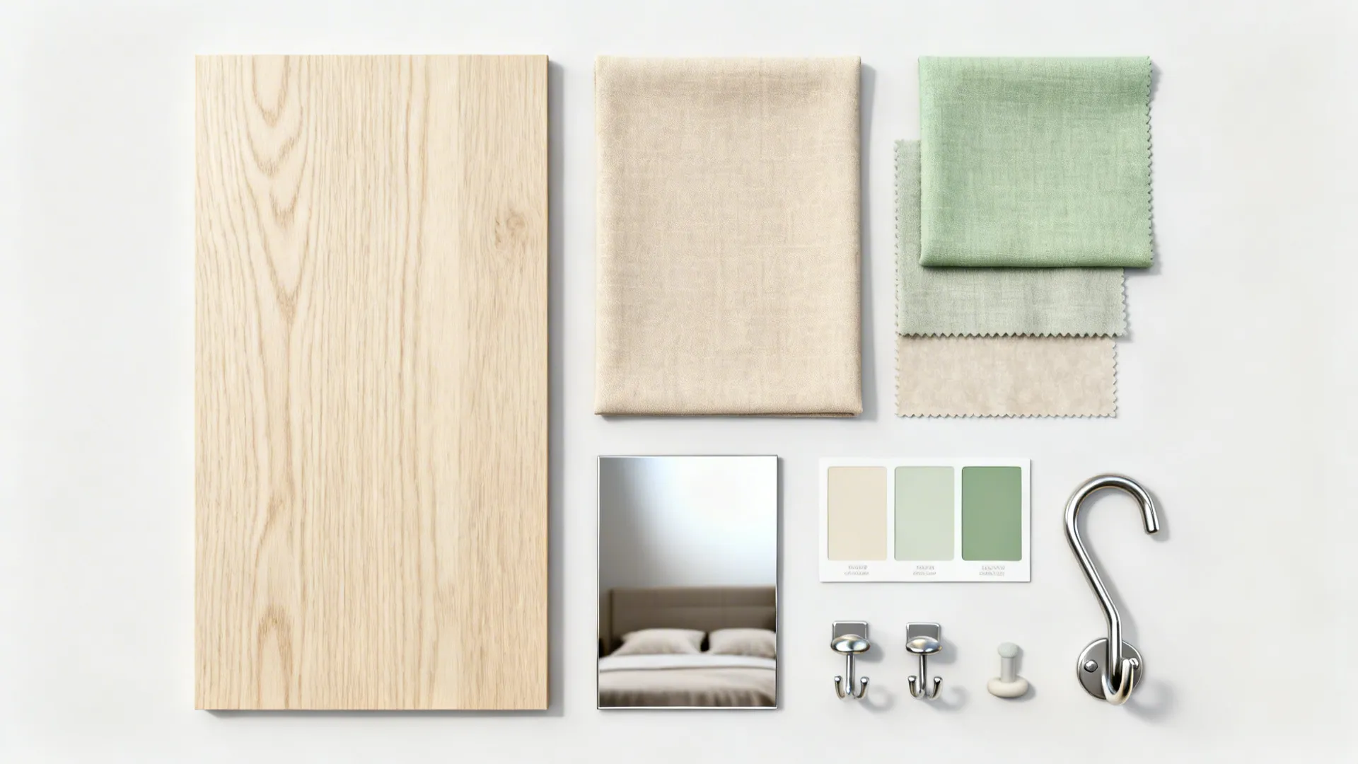 Material flatlay of pale wood, neutral fabric swatches, mirror and hardware samples for cohesive bedroom palette.