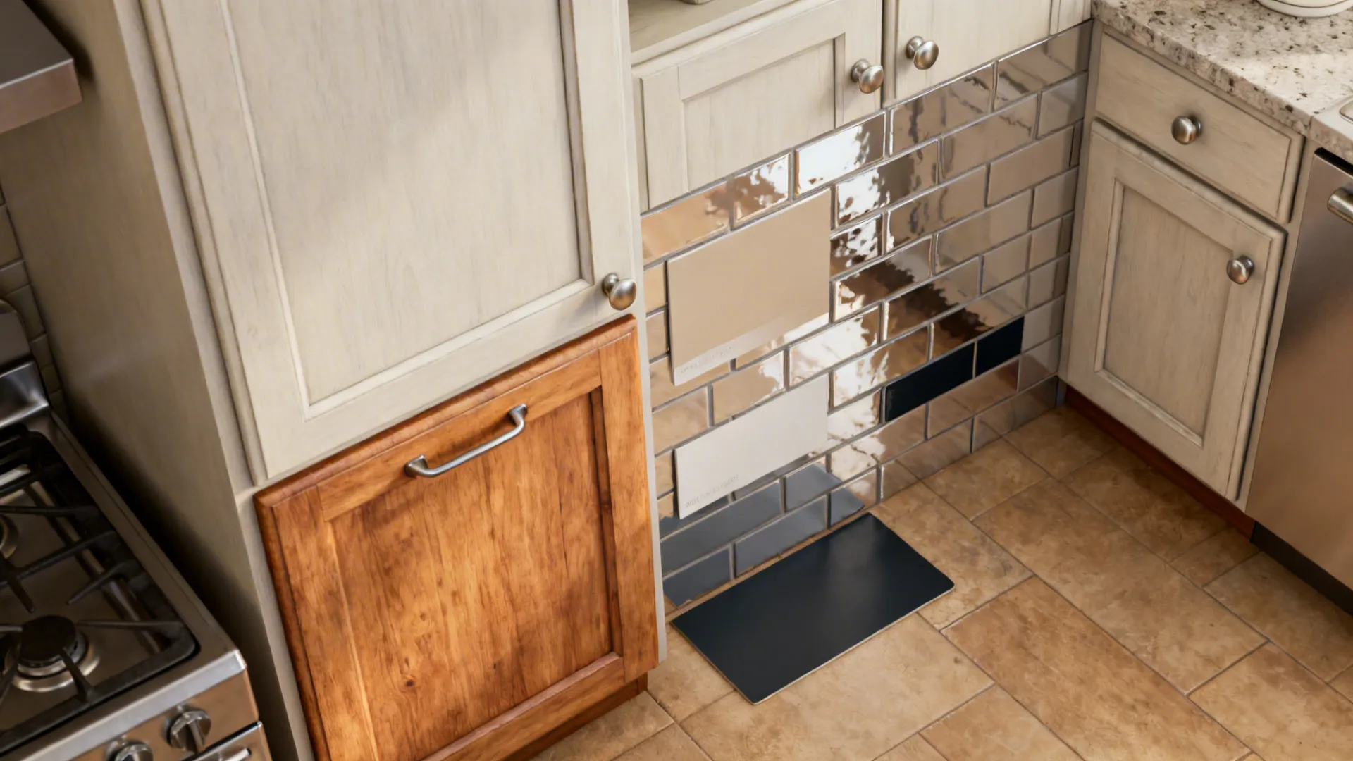 Material flatlay showing light cabinet finish, wood swatch, reflective backsplash tile, and darker accent chip for depth.