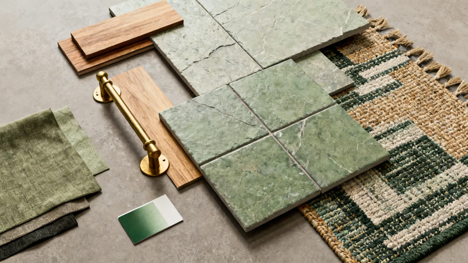 Material flatlay of wood, brass, stone and fabric swatches coordinating the living-dining palette