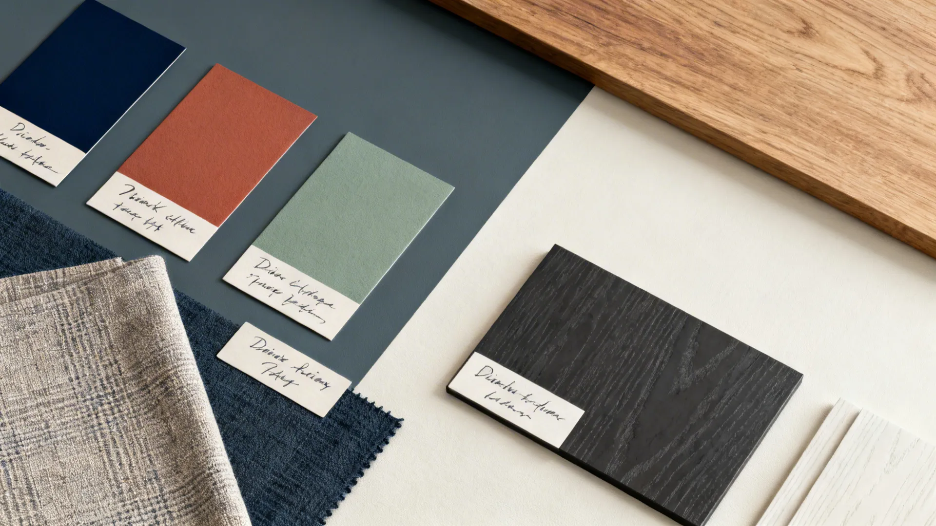 Flatlay of color swatches and material samples for two-tone dining room ideas