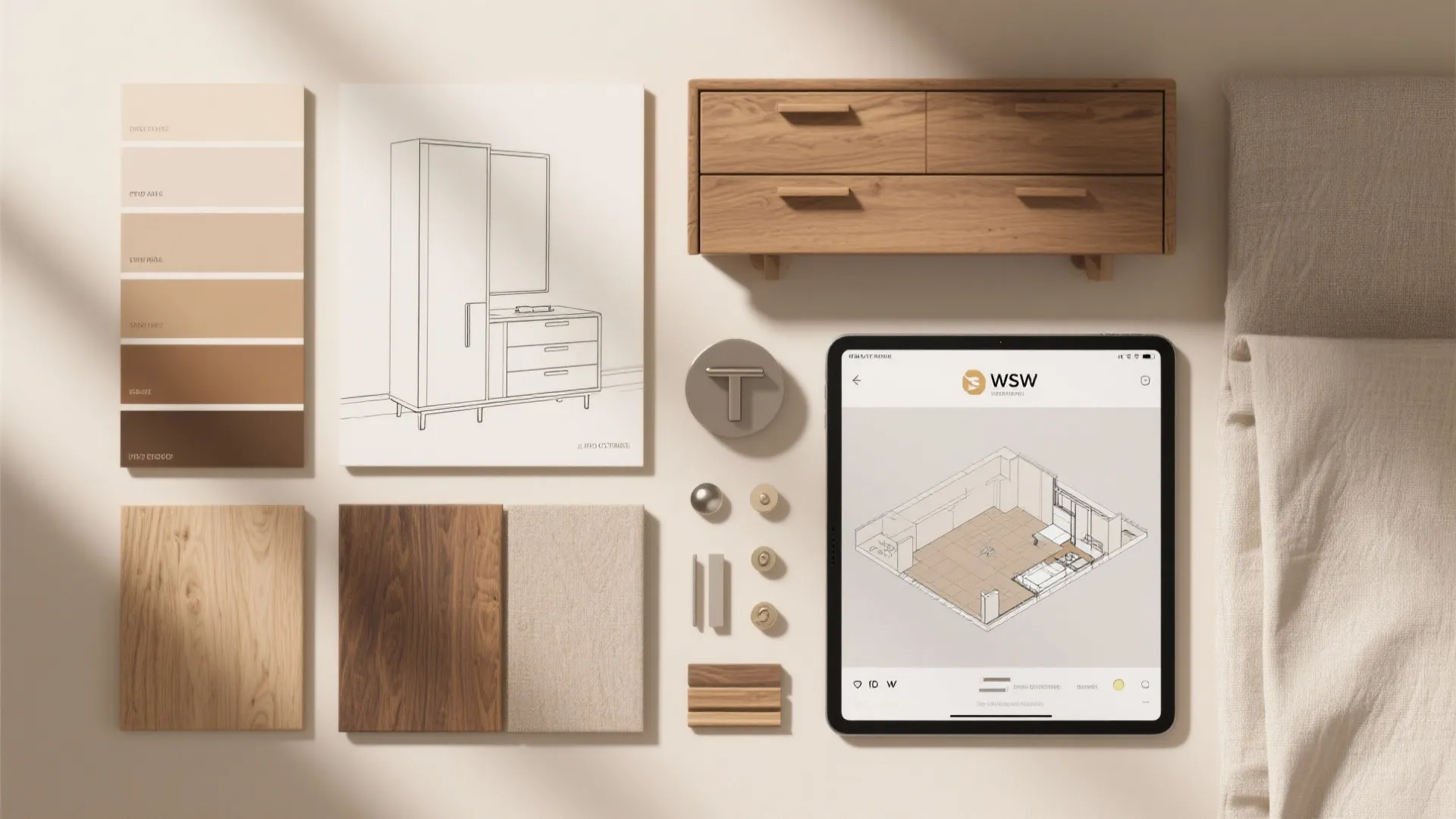 Interior design moodboard with wooden cabinet color samples furniture sketch and digital tablet room layout