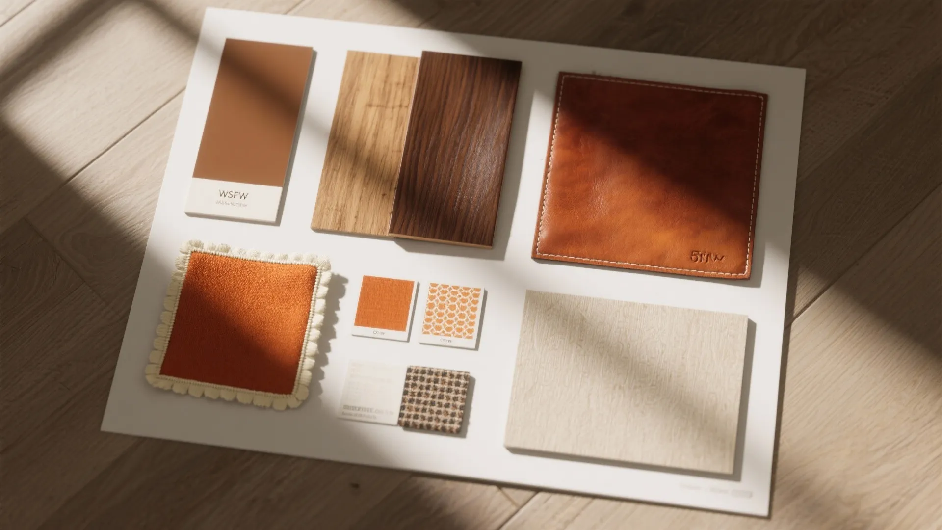 Interior design moodboard featuring wood samples, orange fabric, brown leather, paint swatches, and floor tiles