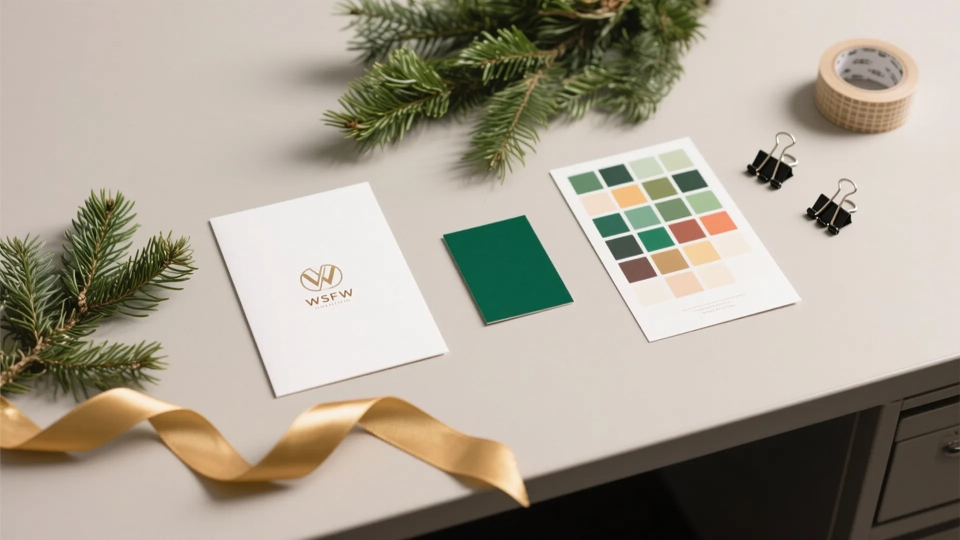 Desk workspace featuring color palette card, logo stationery, gold ribbon, green branches, and office clips