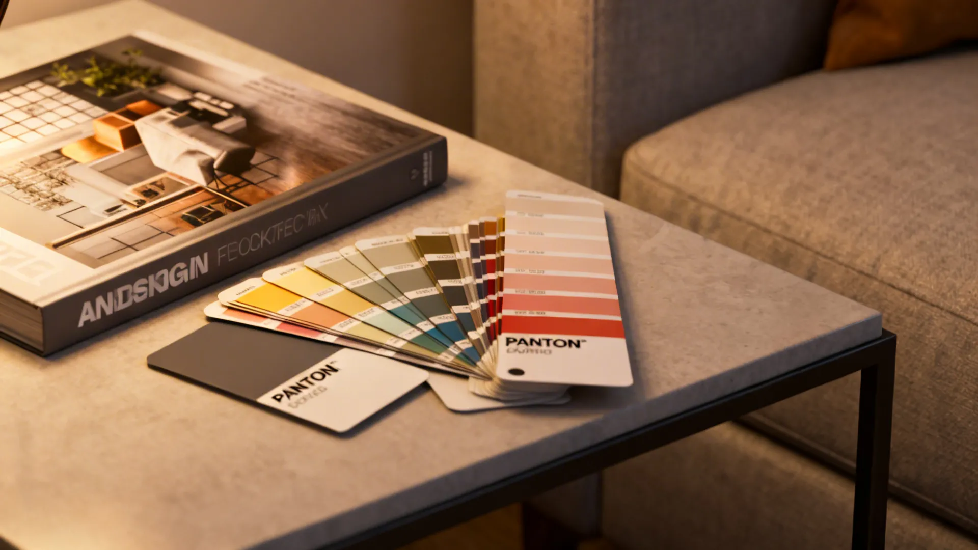 Design book and Pantone color chips on a side table illustrating color forecast references.