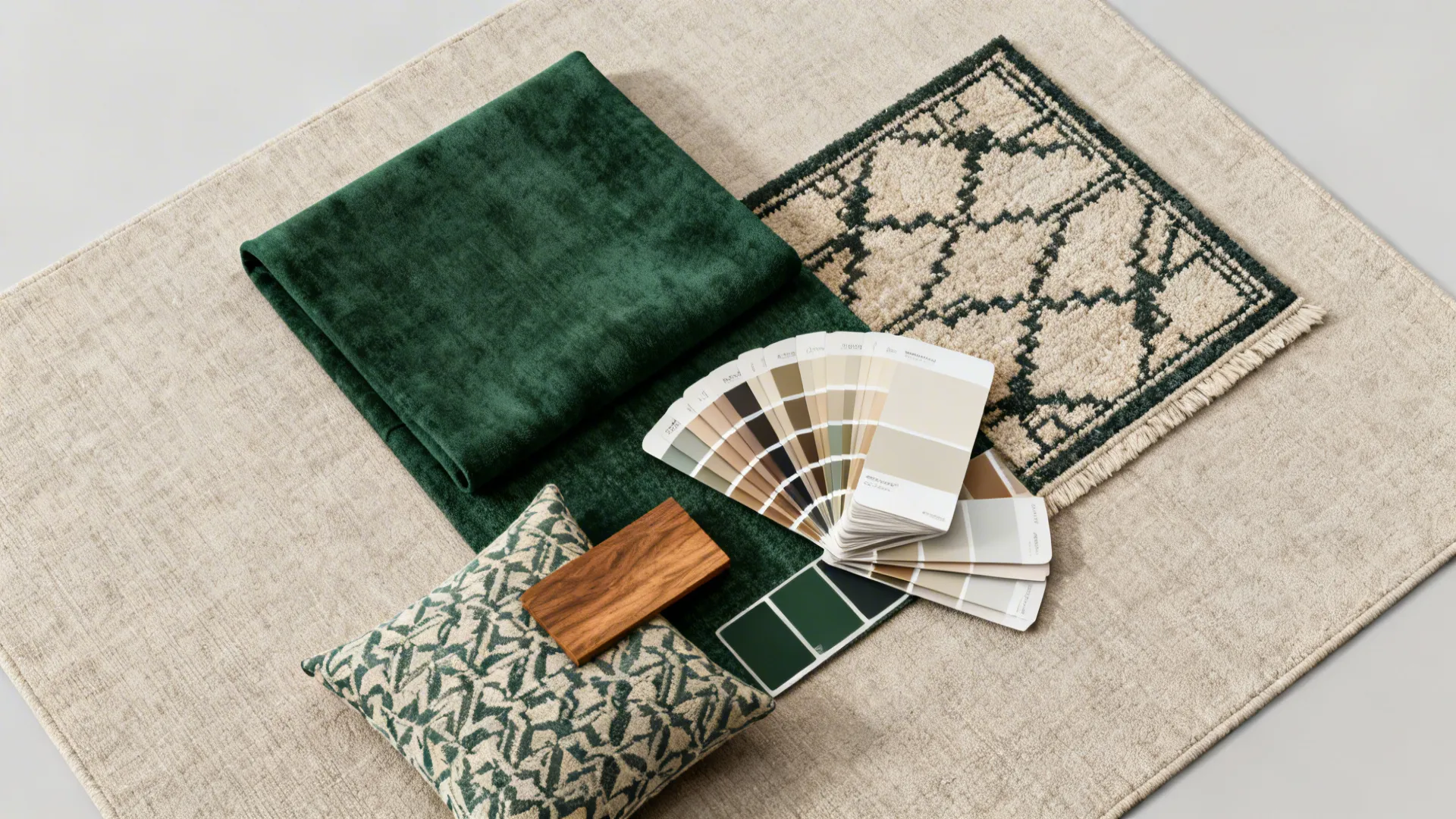 Flatlay of neutral and accent fabric swatches, rug pattern, and paint chips for a cohesive small living room palette.
