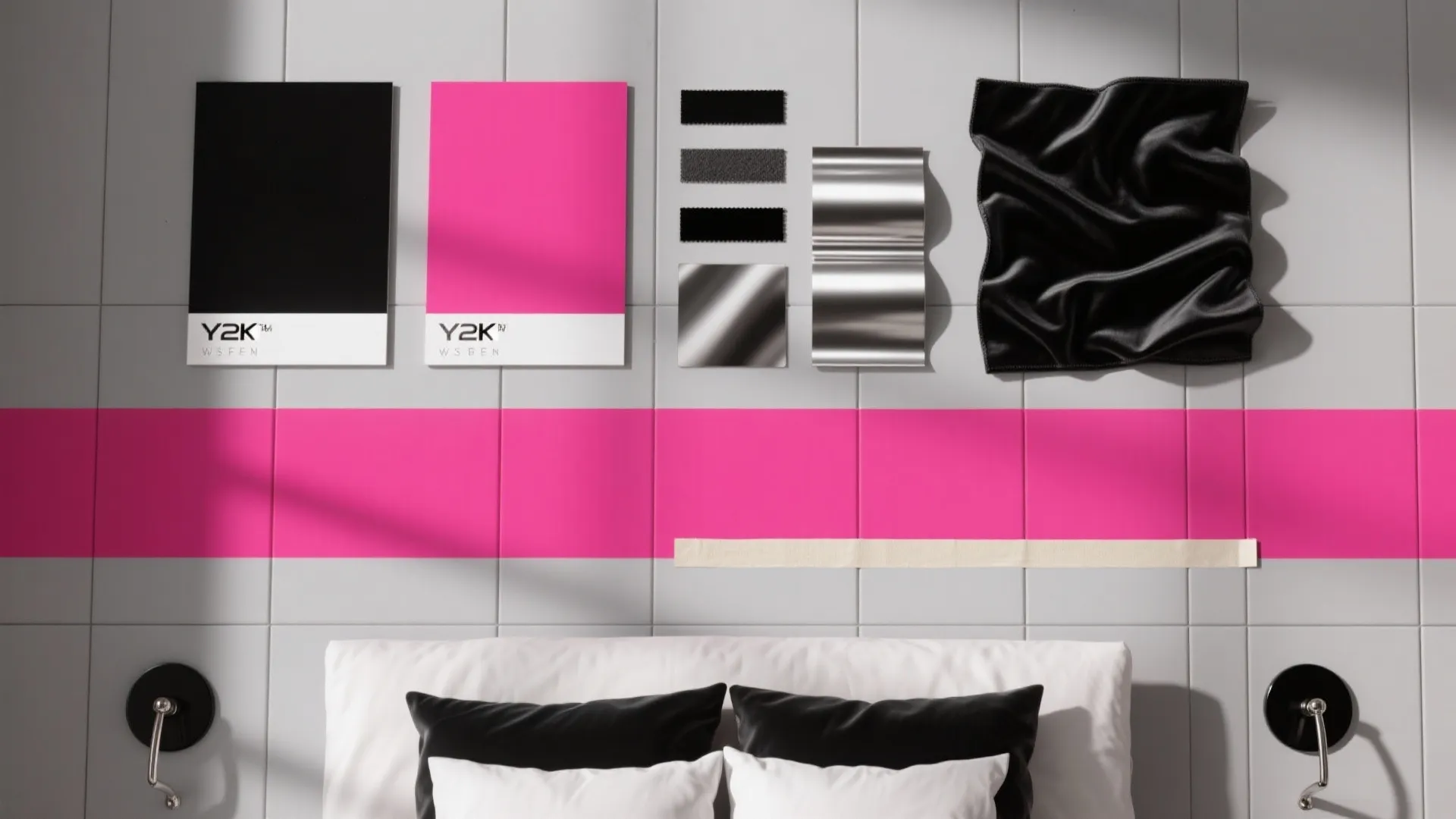 Flat lay of hot pink, black, chrome, velvet, and satin swatches arranged in a clean grid.