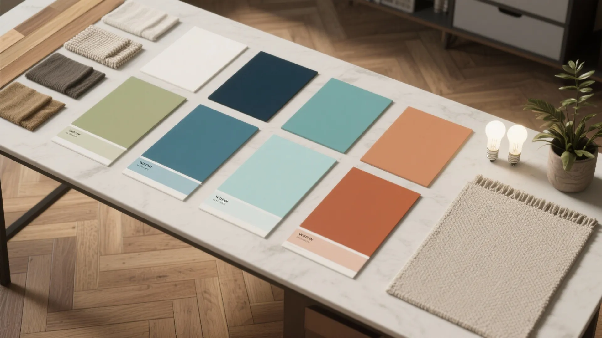 Interior design mood board with colorful paint cards fabric samples and light bulbs on marble table