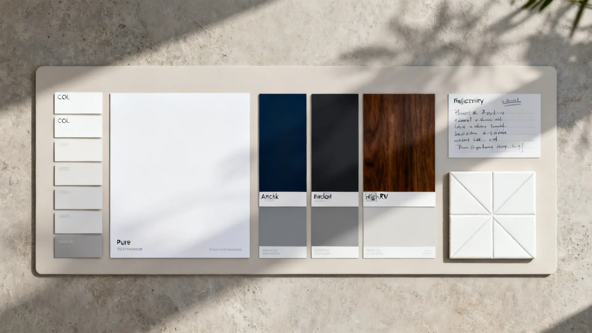 Interior design material palette with blue black and wood swatches displayed on a neutral board