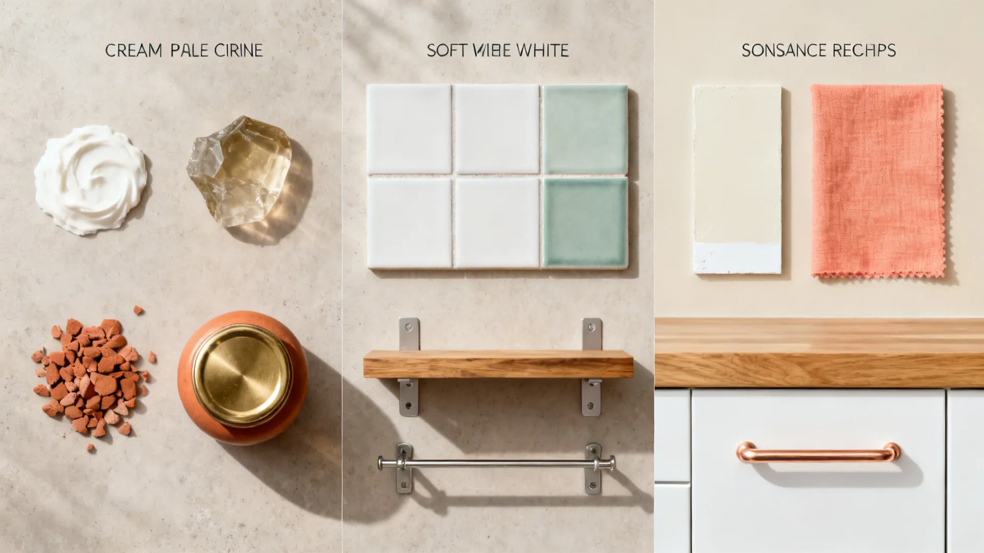 Three kitchen palette flat lays combining whites, citrine, sage, oak, brass, copper, and coral textiles.