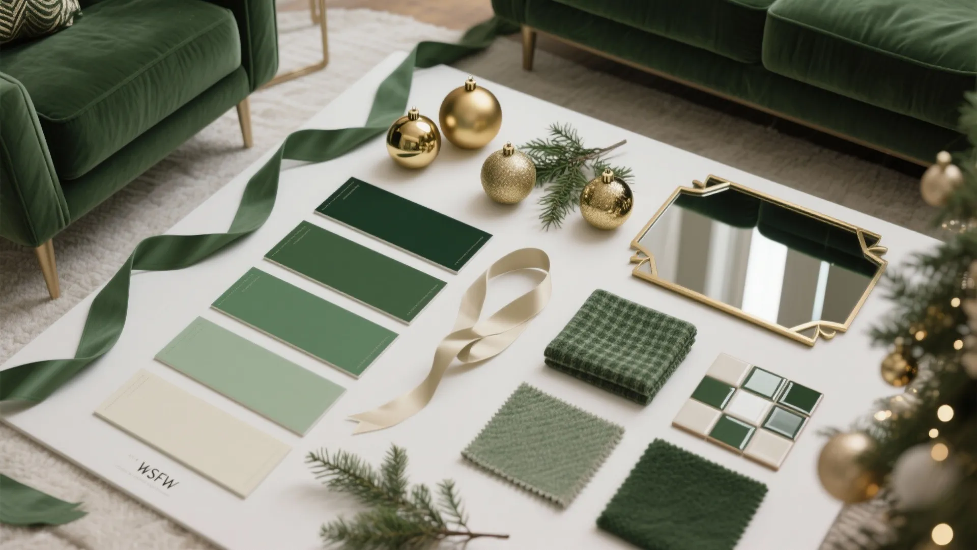 Top-down moodboard of forest green and cream swatches, brass baubles, matte ribbons and greenery for a small-room holiday palette.