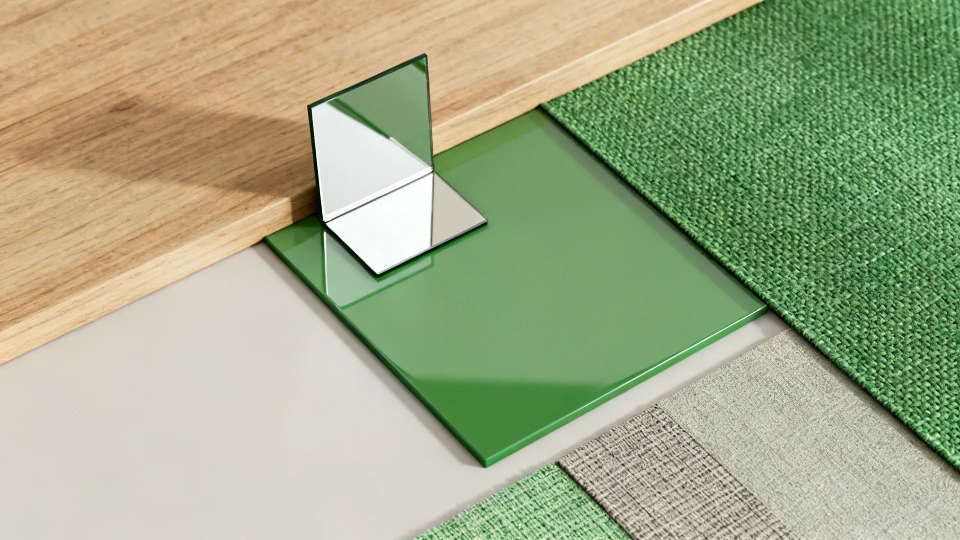 Material flatlay with cohesive palette, mirror sample, glossy tabletop and matte textiles for a living-dining combo
