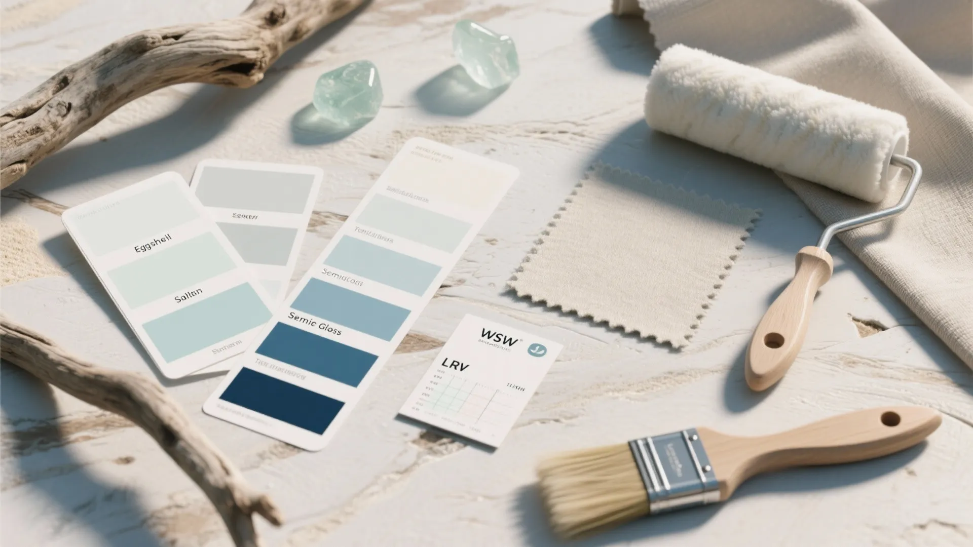 Top-down flatlay of paint tester cards, finish samples, LRV chart, brushes and fabric swatches for coastal palettes.