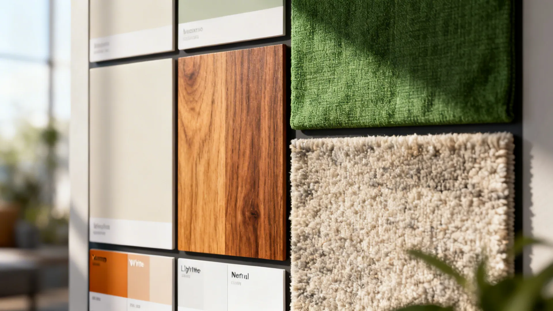 Color and material samples showing neutral base with green accent, rug and lighting temperature options for kitchen-dining spaces.