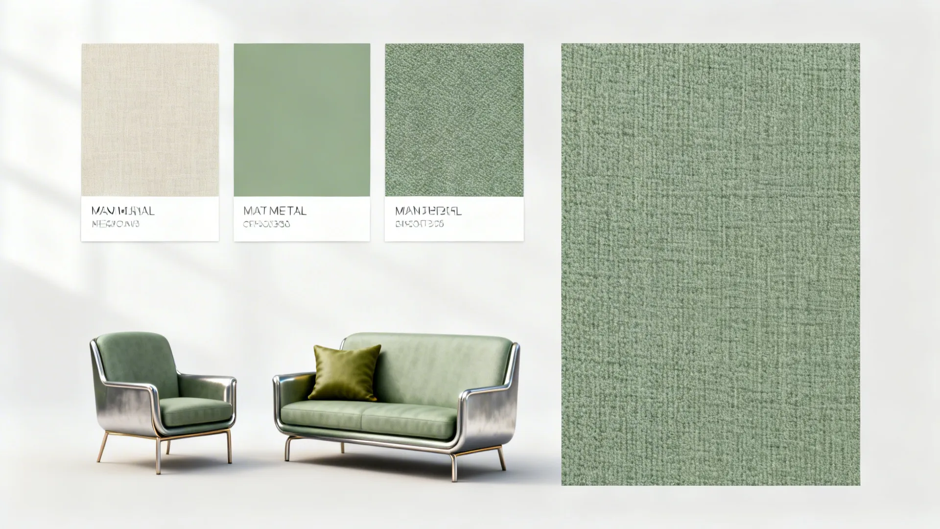Mood board with three-color palette, material samples, and scaled furniture sketches for a small living room.