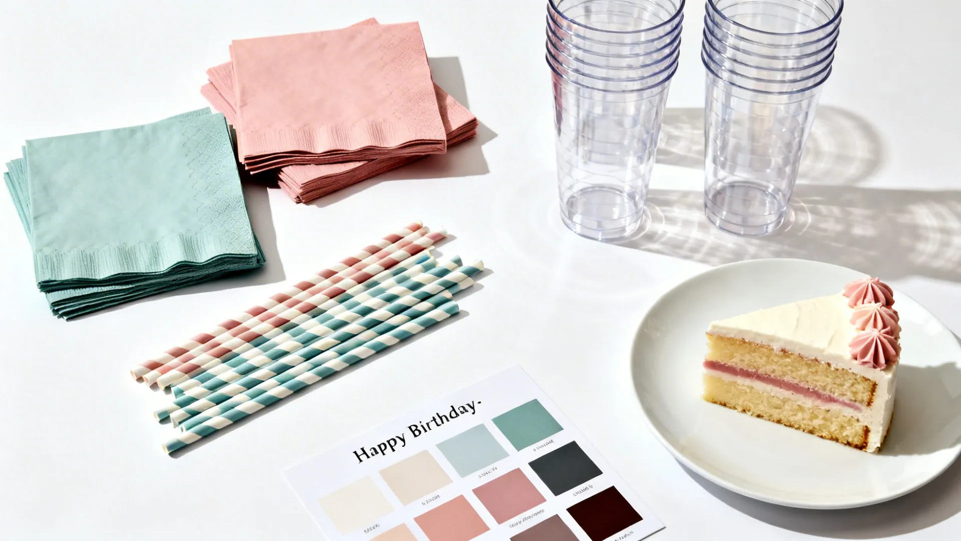 Flatlay of two-tone napkins and straws with acrylic tumblers and neutral plates for a cohesive birthday palette.