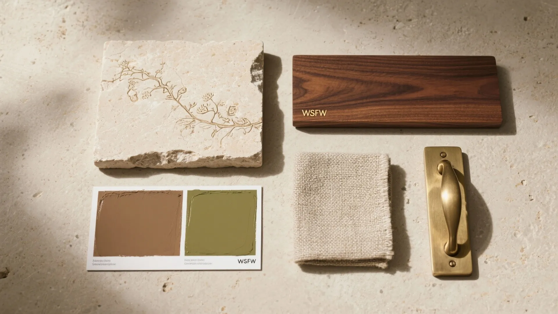 Interior design materials including stone tile, wood sample, fabric, brass handle, and green paint swatches