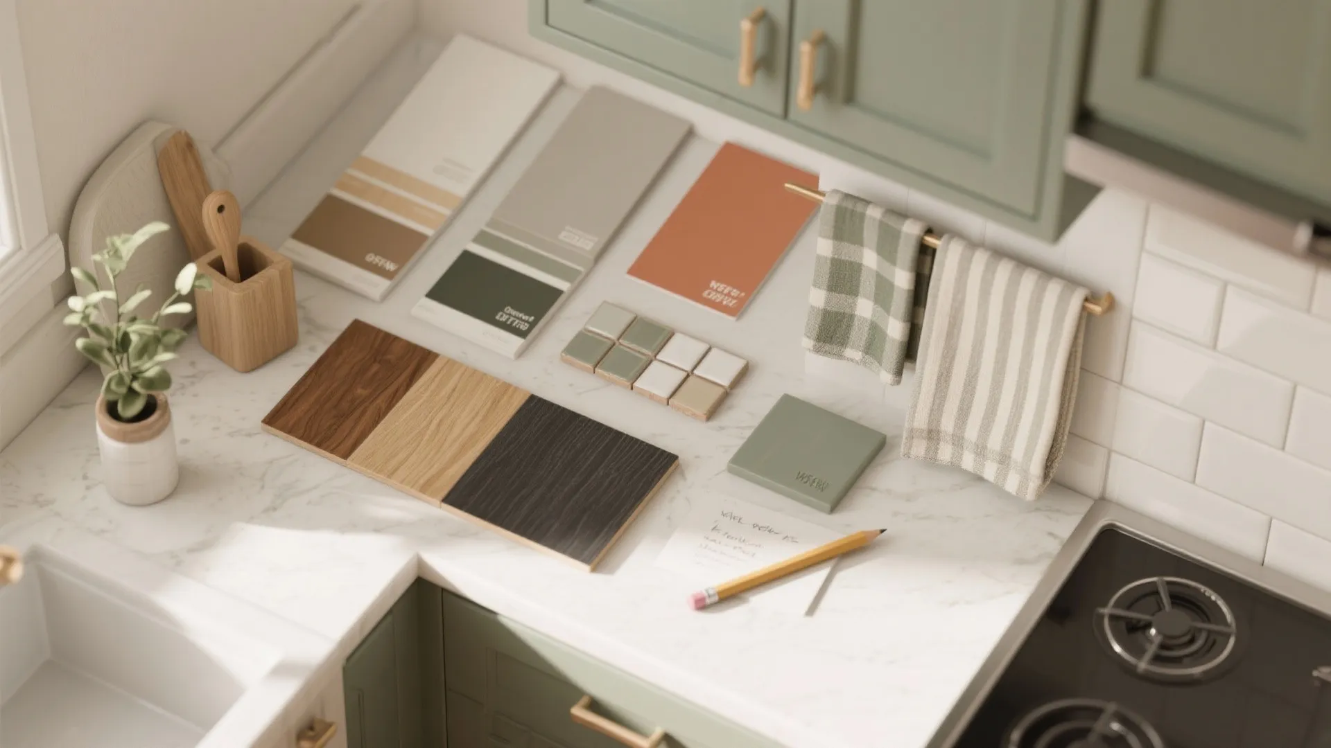 Kitchen countertop with color paint cards wood samples tiles pencil and paper for interior design planning