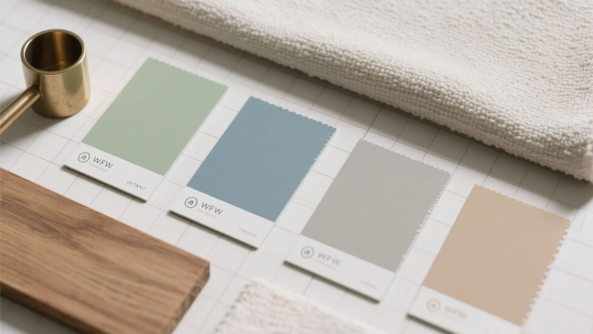 Interior design material board with color swatches, brass hardware, wood sample, white towel on paper.