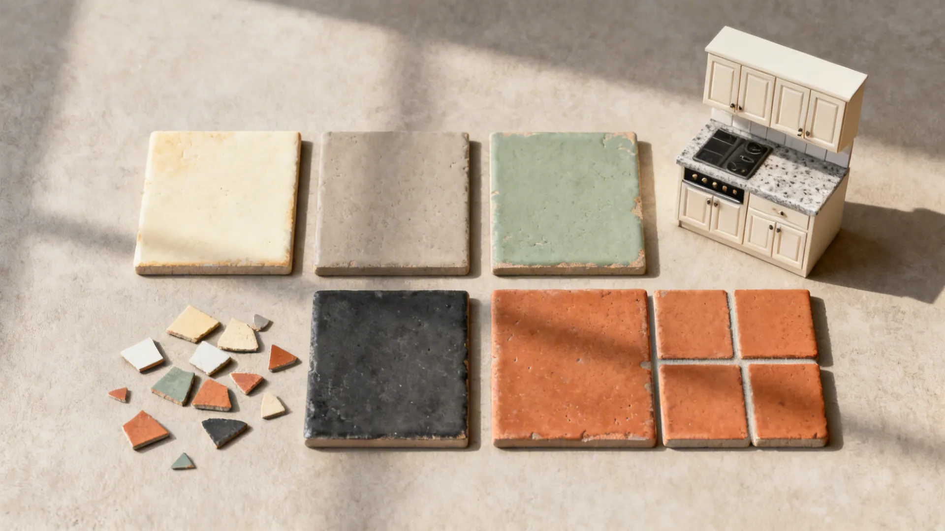 Flat lay of warm ivory, greige, sage, charcoal, and terracotta tile samples with cabinet and counter chips.