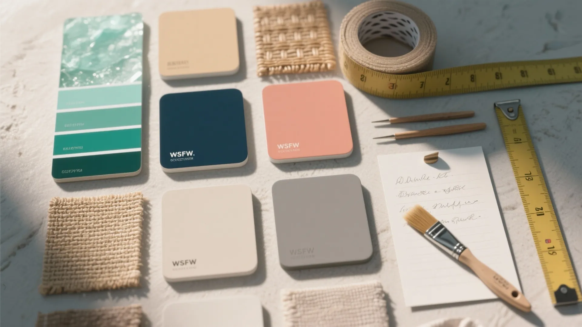 Flatlay of coastal paint swatches and finish samples: sea glass green, warm sand, navy, coral, driftwood gray.