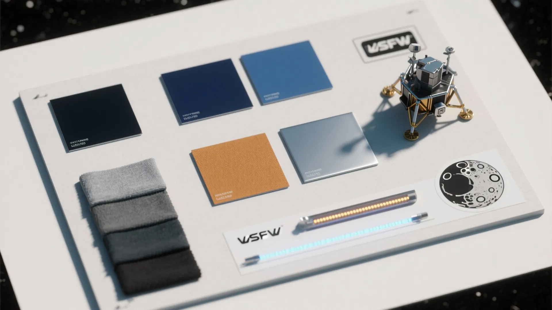 Design mood board showing blue and orange color swatches with grey fabric samples and metal details