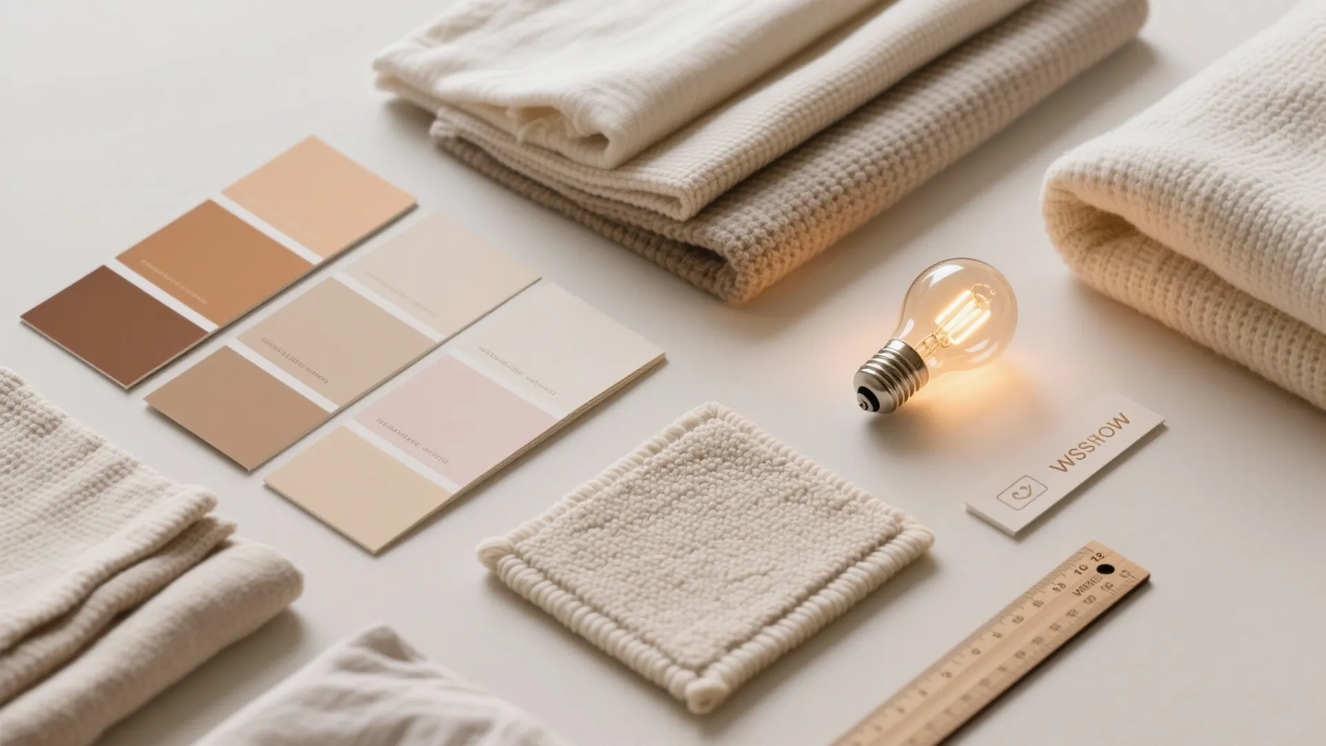 Interior design mood board with color swatches fabric samples a ruler and a light bulb