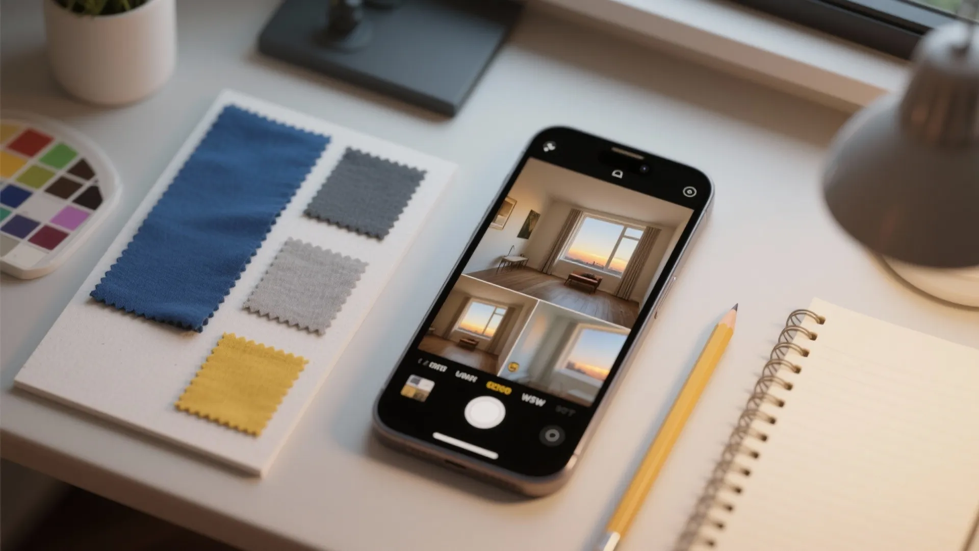 Top-down flatlay of palette testing materials: photos, foamboard samples and fabric swatches.