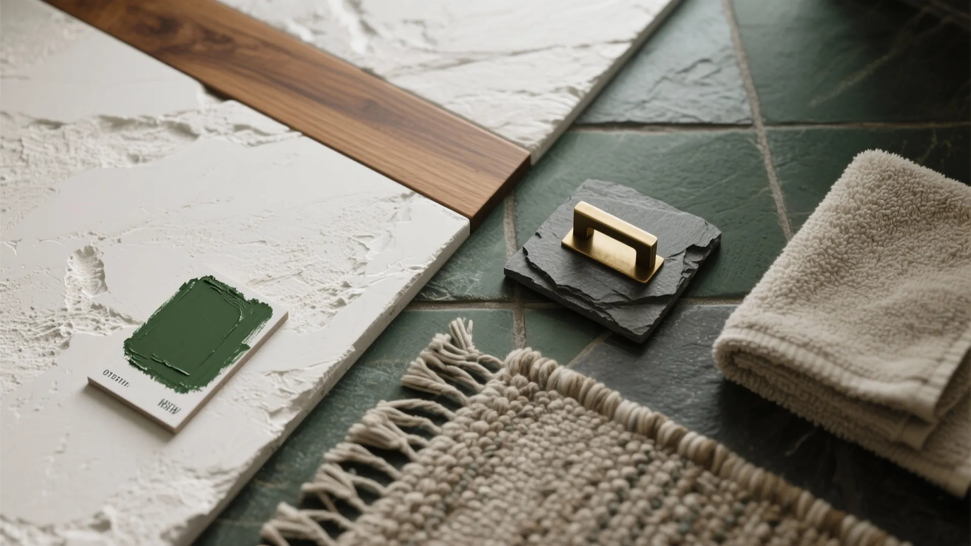 Interior design material palette with green color swatch white wall panel wood and dark tiles