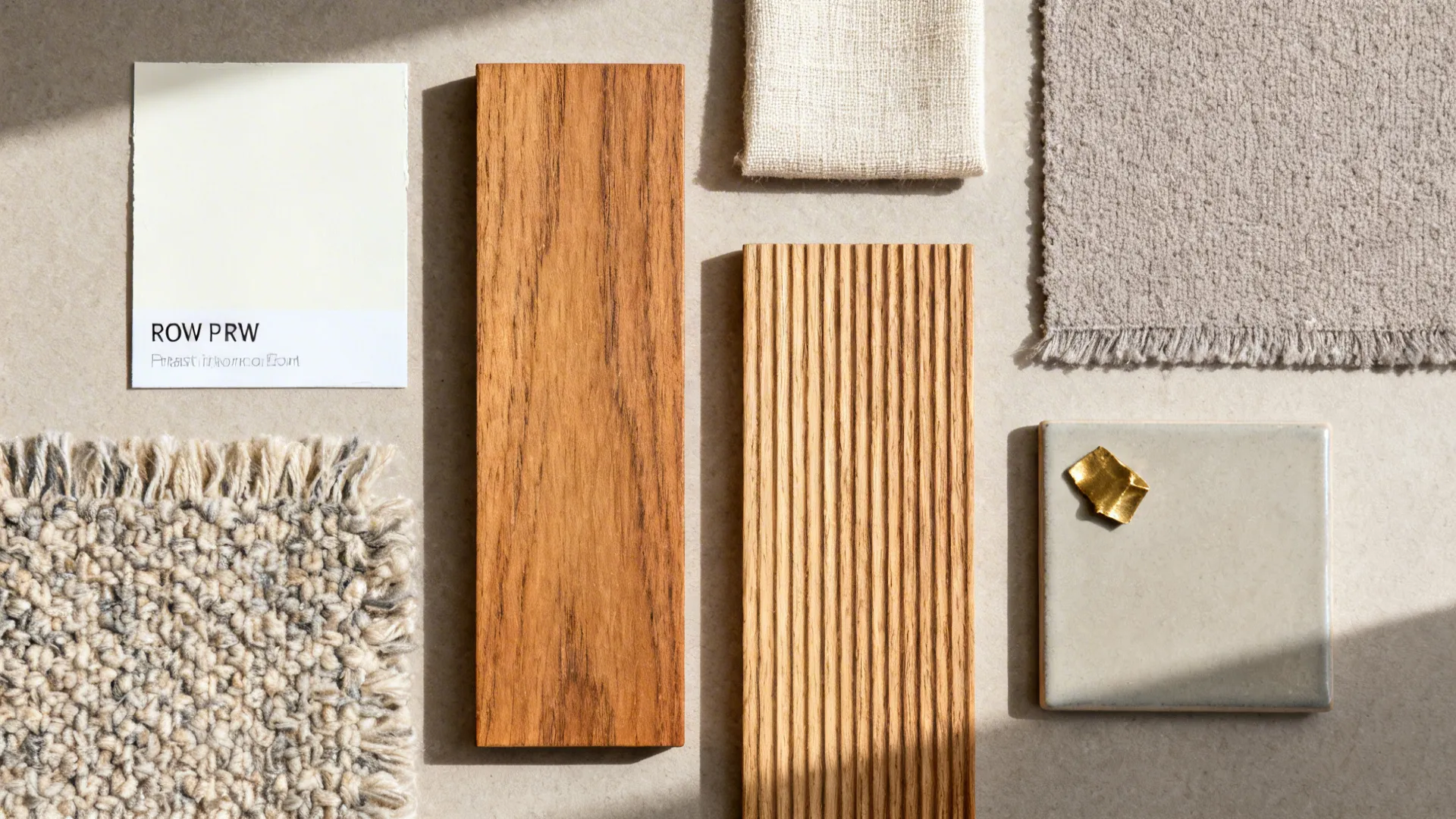 Flat lay of off-white paint, warm oak, linen, bouclé, and matte brass for a small living room.