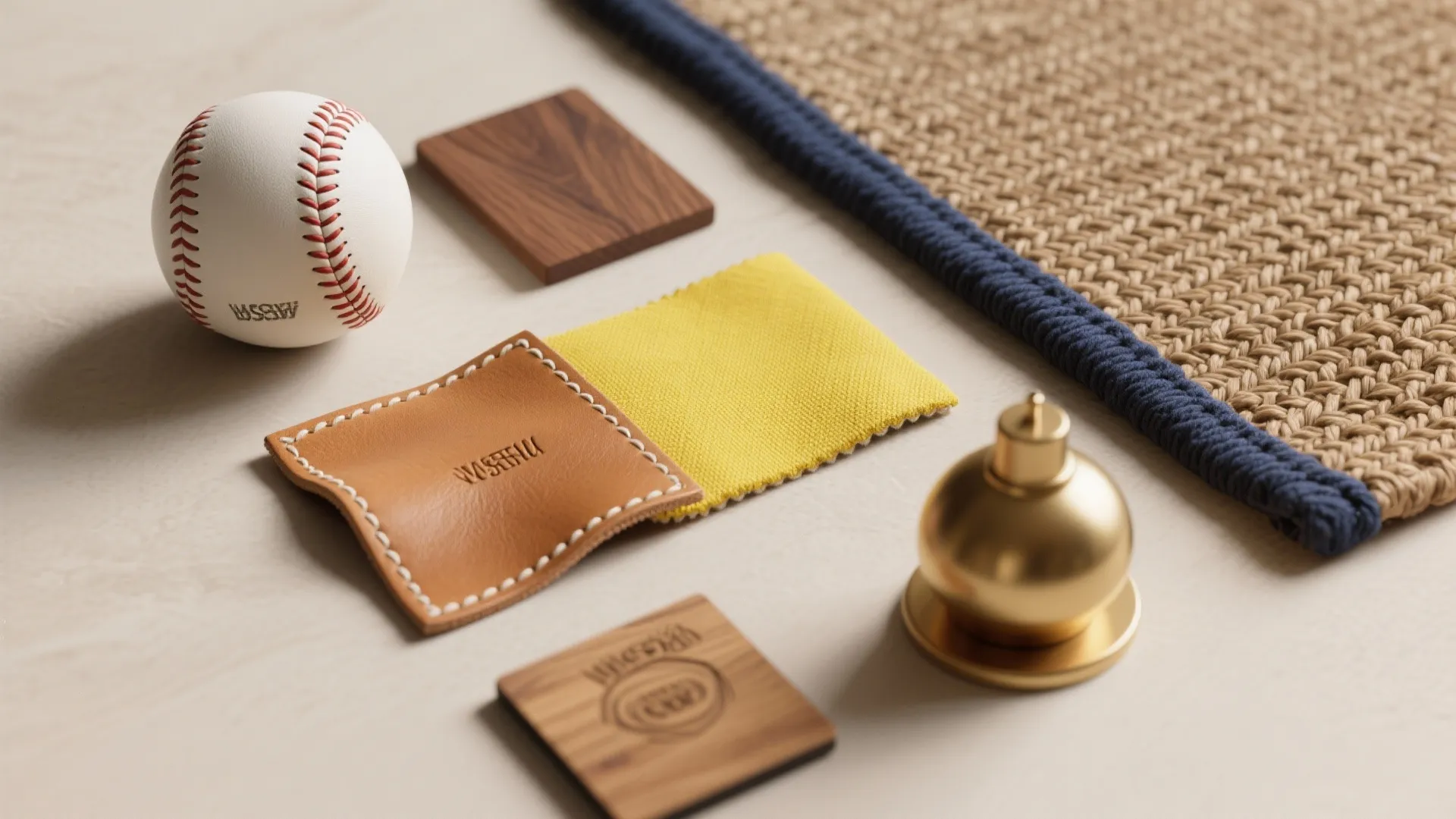 Material palette with wood samples leather yellow fabric a baseball and a round metal gold light