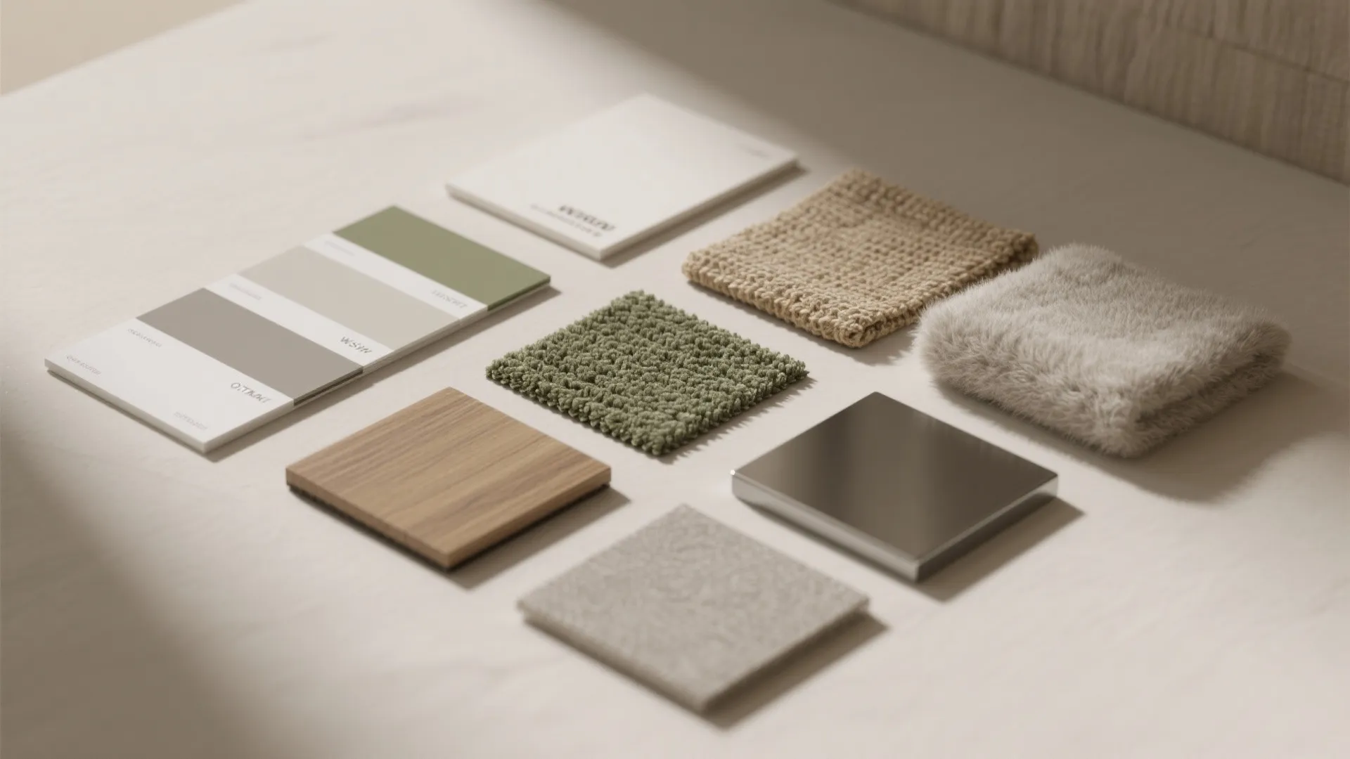 Collection of interior design material samples including wood, fabric, carpet, metal, and color paint cards