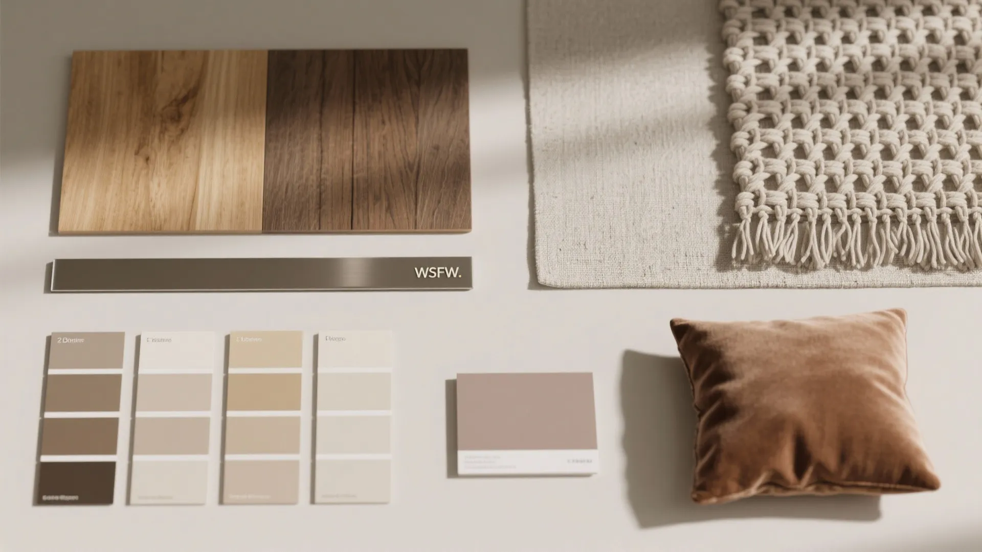 Interior design materials including wood samples paint color cards a brown pillow and woven rug