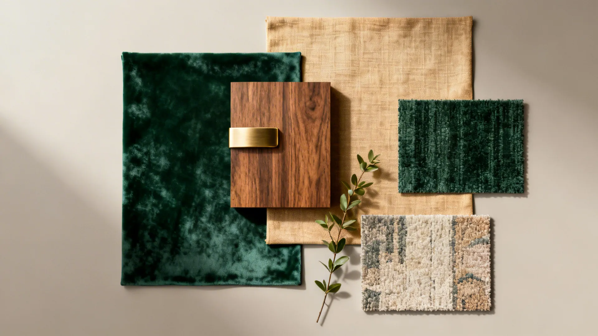 Flatlay of complementary fabric, wood, and metal swatches for cohesive dual seating design