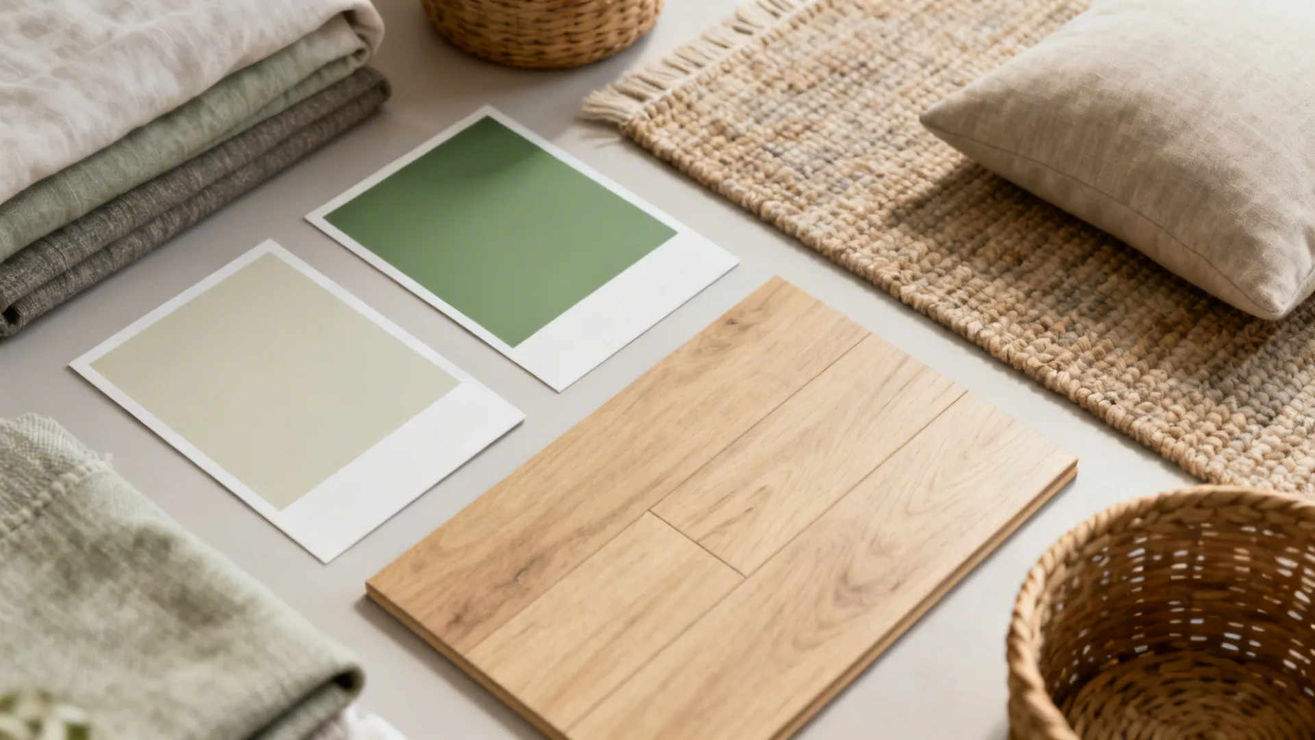 Flatlay of two neutral paint swatches, one green accent, wood flooring sample and textured fabrics for a small bedroom.